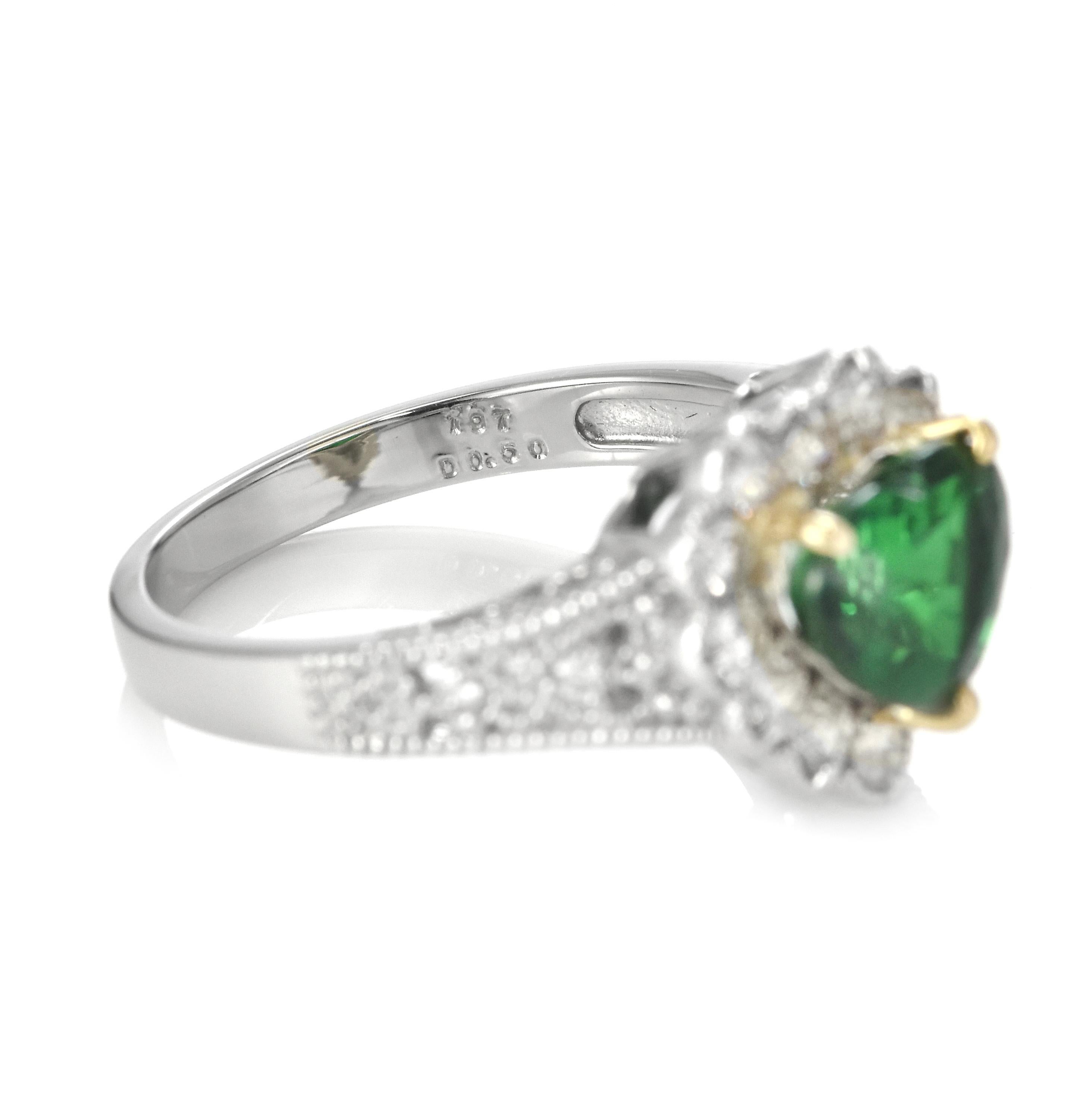 1.97 Carat Natural Heart-Cut Tsavorite Garnet and Diamond Ring Set in Platinum For Sale 6