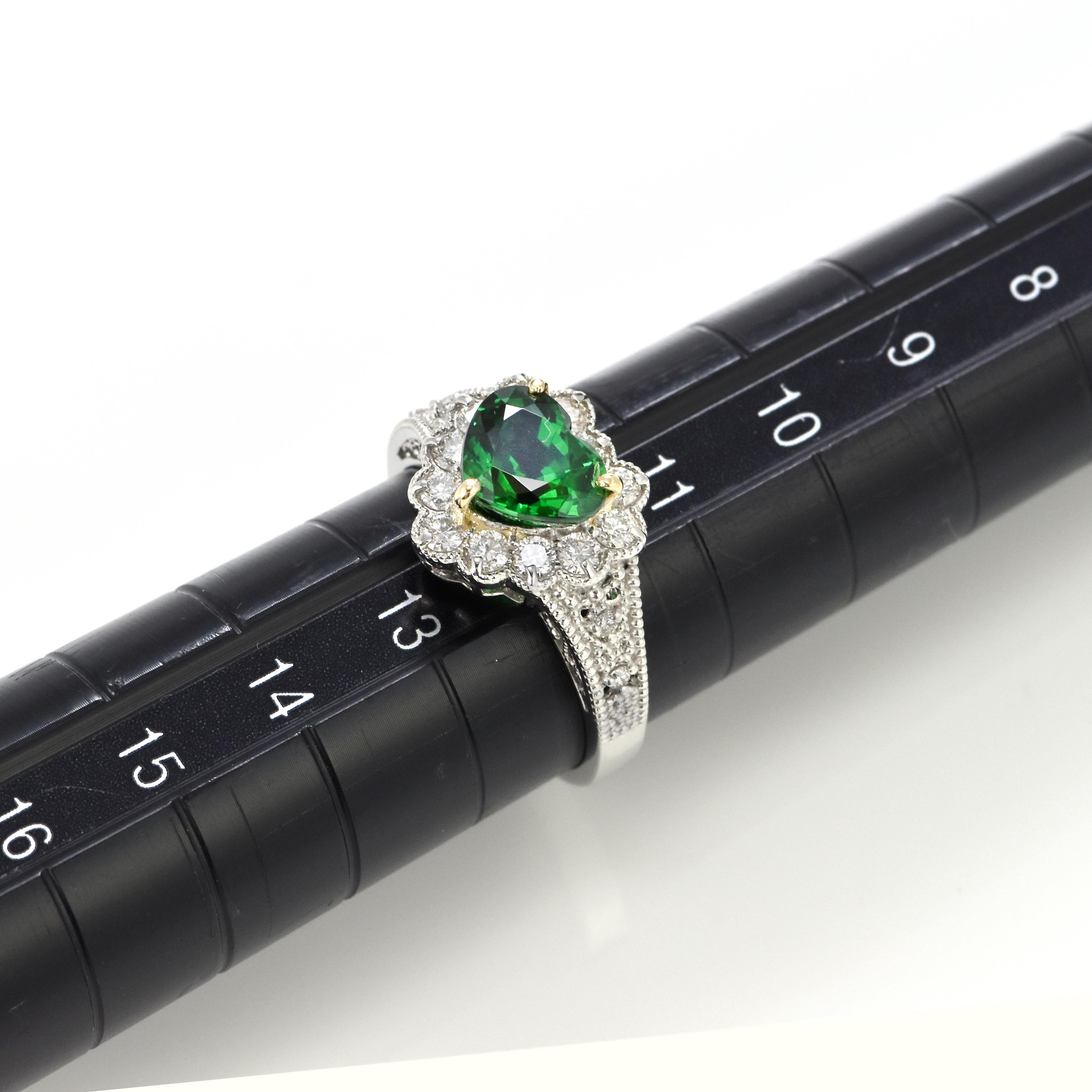 1.97 Carat Natural Heart-Cut Tsavorite Garnet and Diamond Ring Set in Platinum For Sale 7