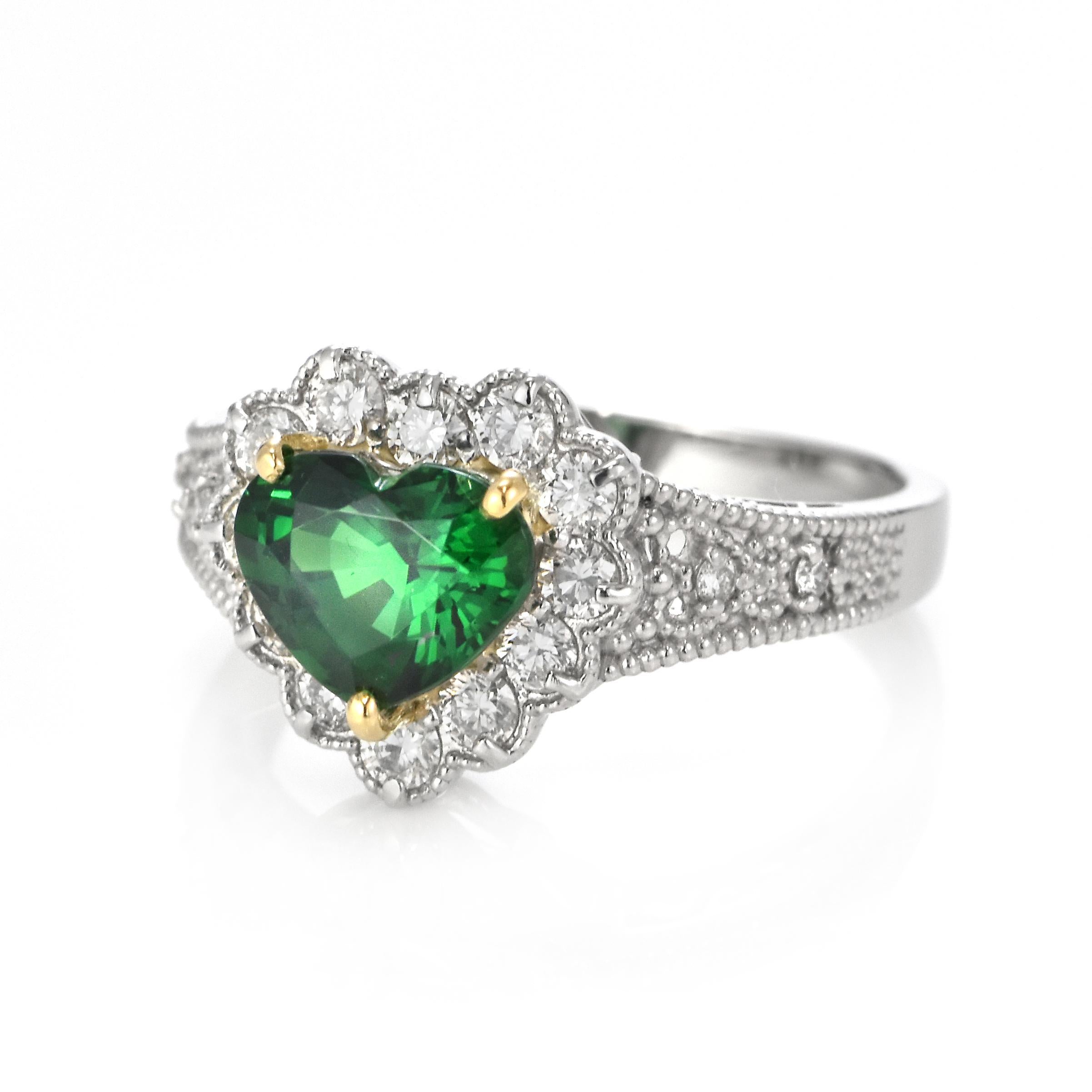 Modern 1.97 Carat Natural Heart-Cut Tsavorite Garnet and Diamond Ring Set in Platinum For Sale