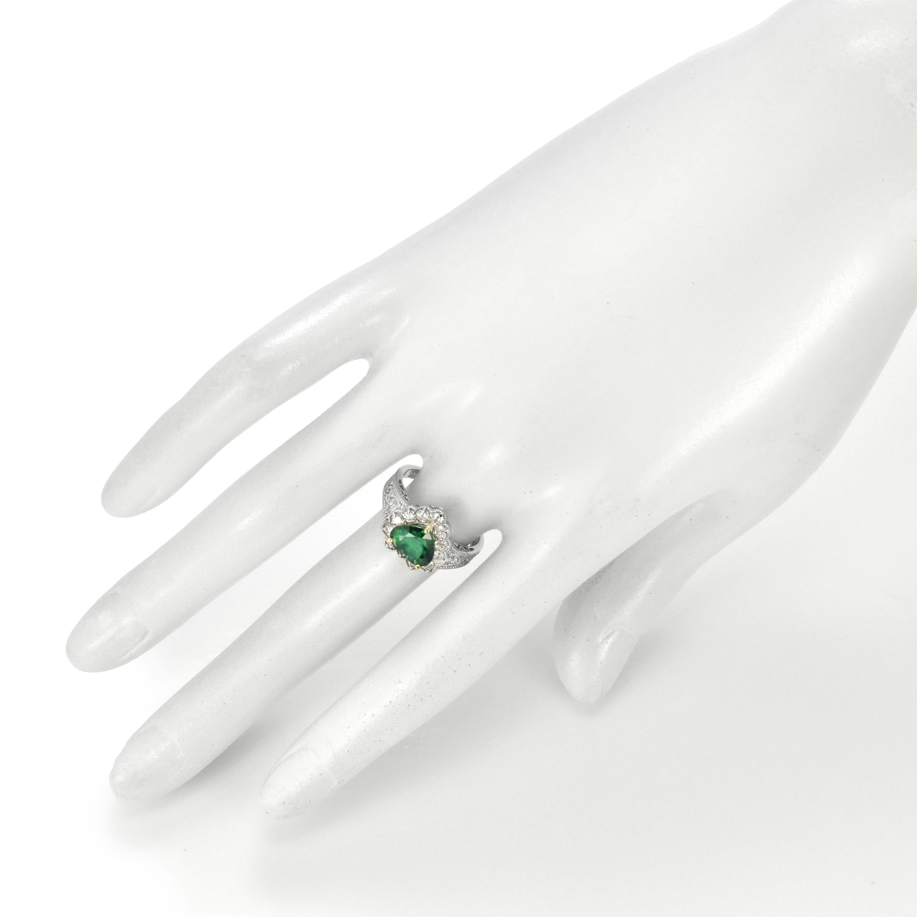 Heart Cut 1.97 Carat Natural Heart-Cut Tsavorite Garnet and Diamond Ring Set in Platinum For Sale