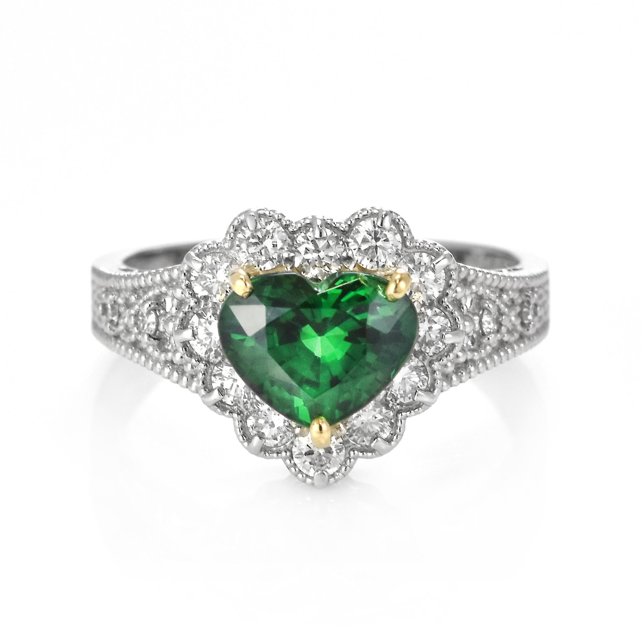 Women's 1.97 Carat Natural Heart-Cut Tsavorite Garnet and Diamond Ring Set in Platinum For Sale