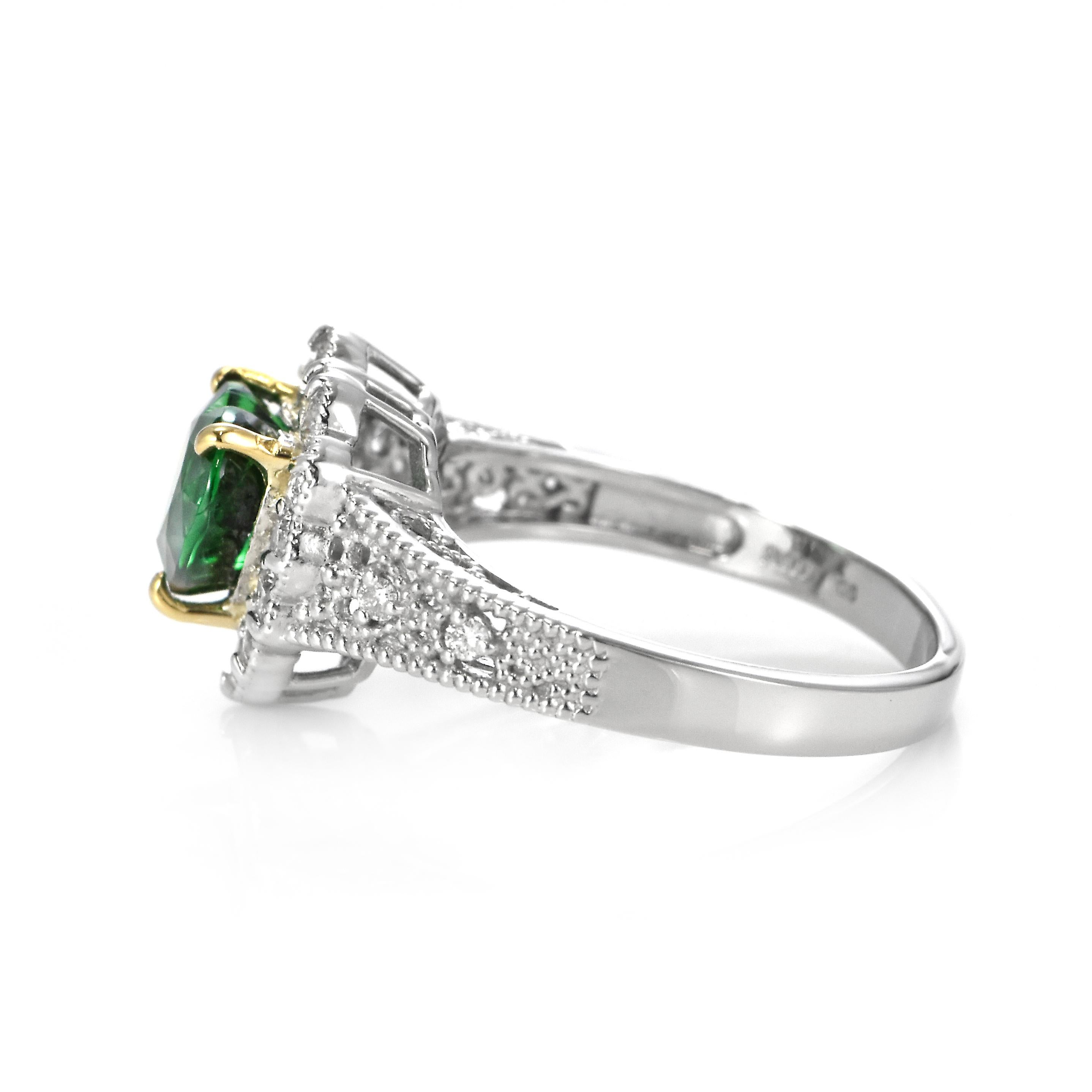 1.97 Carat Natural Heart-Cut Tsavorite Garnet and Diamond Ring Set in Platinum For Sale 1