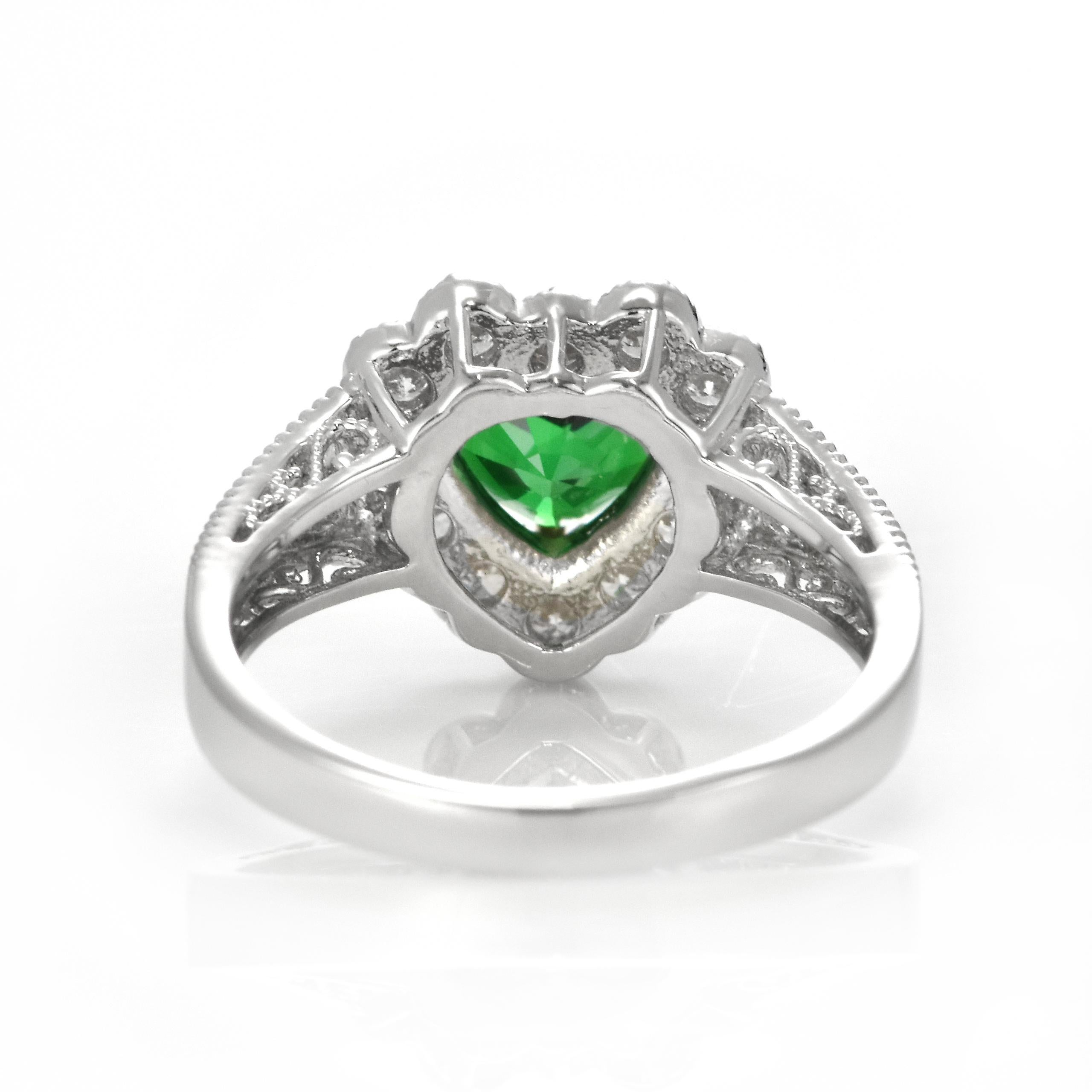 1.97 Carat Natural Heart-Cut Tsavorite Garnet and Diamond Ring Set in Platinum For Sale 2