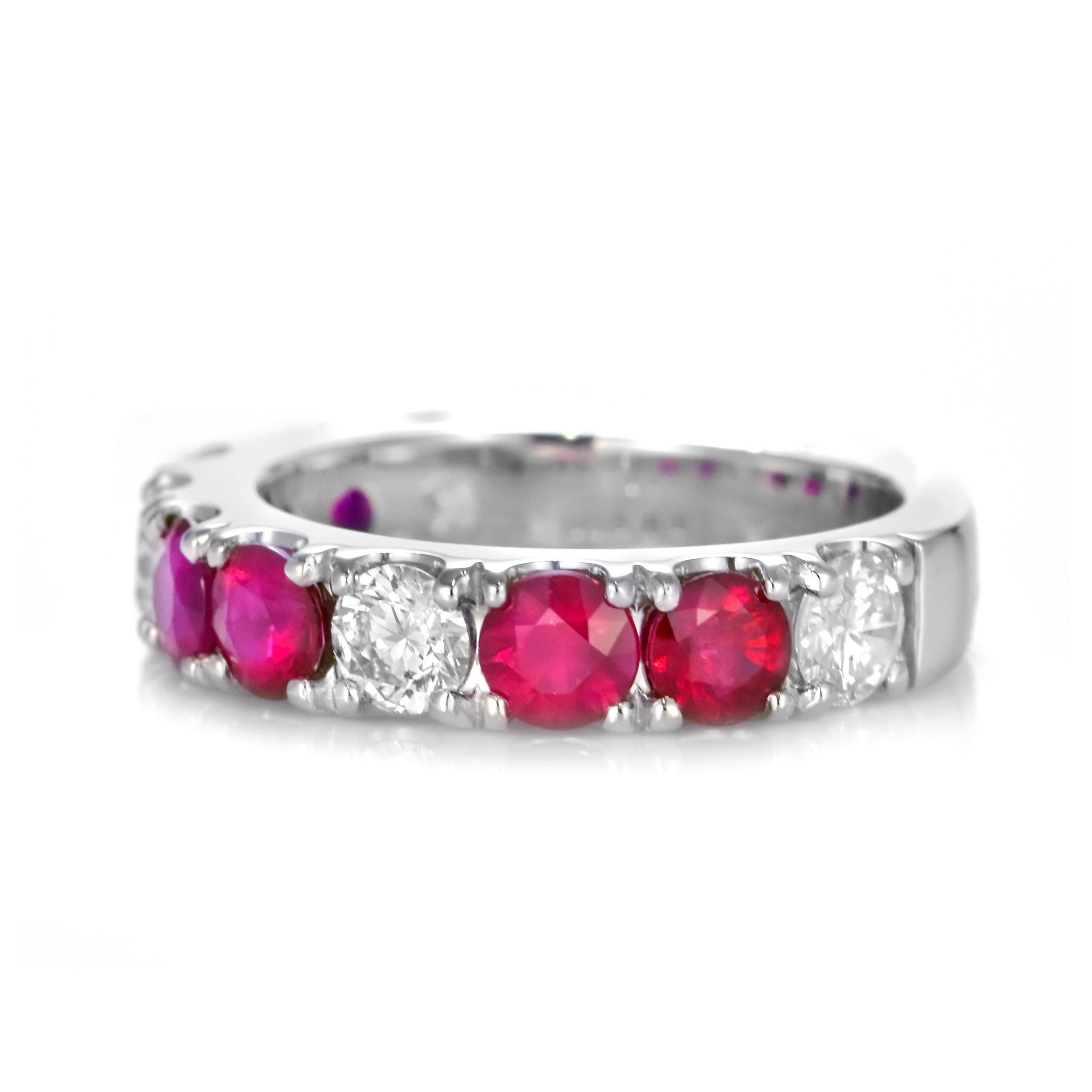 Round Cut 1.97 Carat Natural Ruby and Diamond Half-Eternity Ring Made in Platinum For Sale