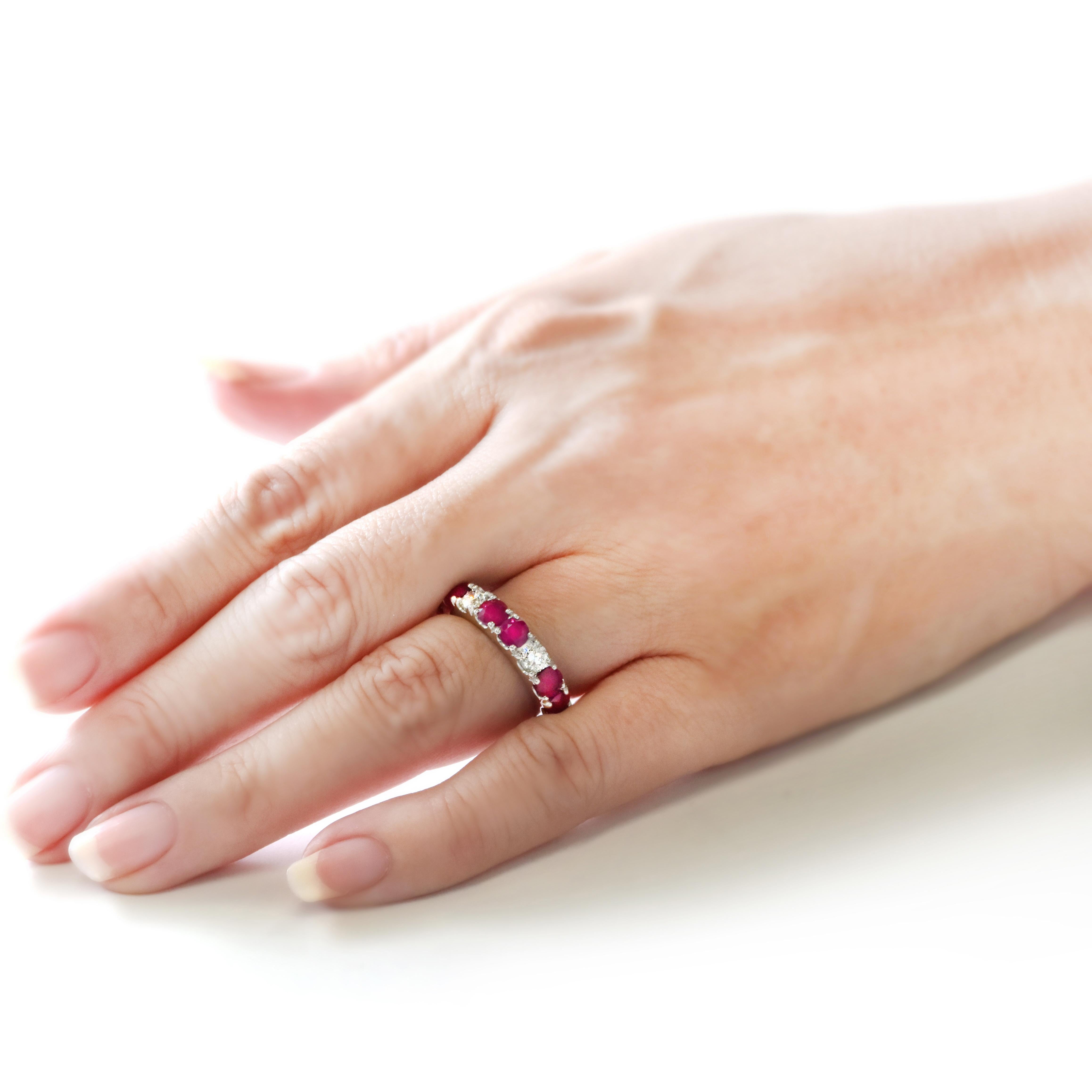Women's 1.97 Carat Natural Ruby and Diamond Half-Eternity Ring Made in Platinum For Sale