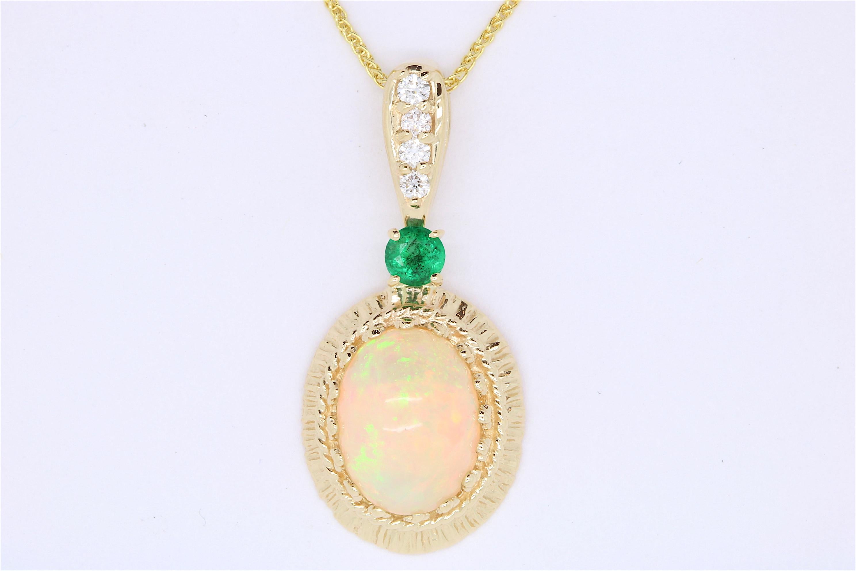 Contemporary 1.97 Carat Opal, 0.17 Carat Emerald and White Diamond Pendant