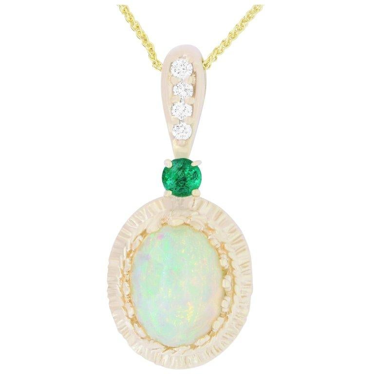 Oval Cut 1.97 Carat Opal, 0.17 Carat Emerald and White Diamond Pendant