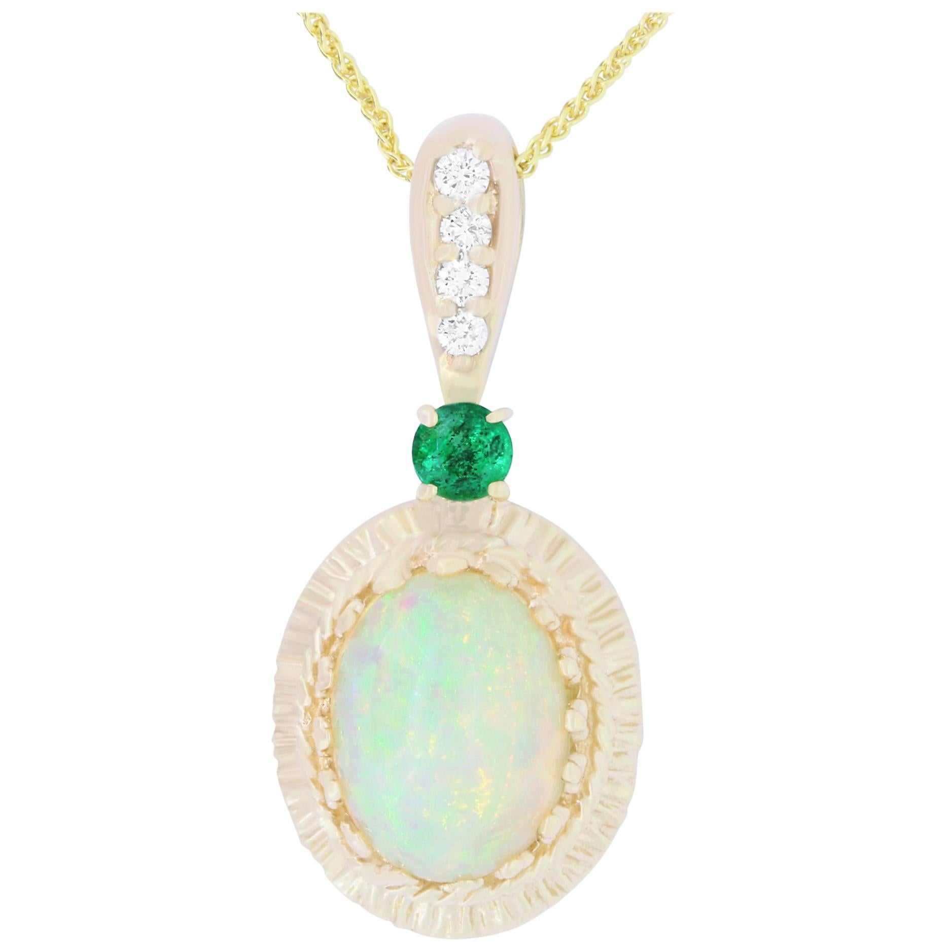 1.97 Carat Opal, 0.17 Carat Emerald and White Diamond Pendant