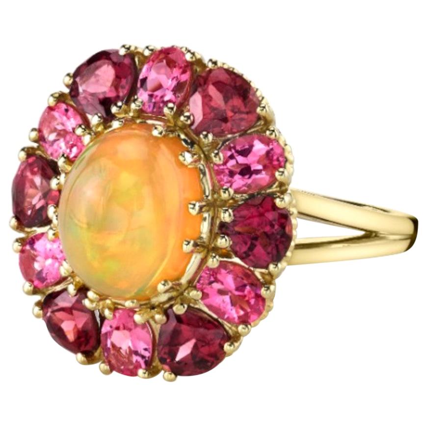 1.97 Carat Opal, Pink Spinel and Rose Garnet 18k Yellow Gold Halo Cocktail Ring