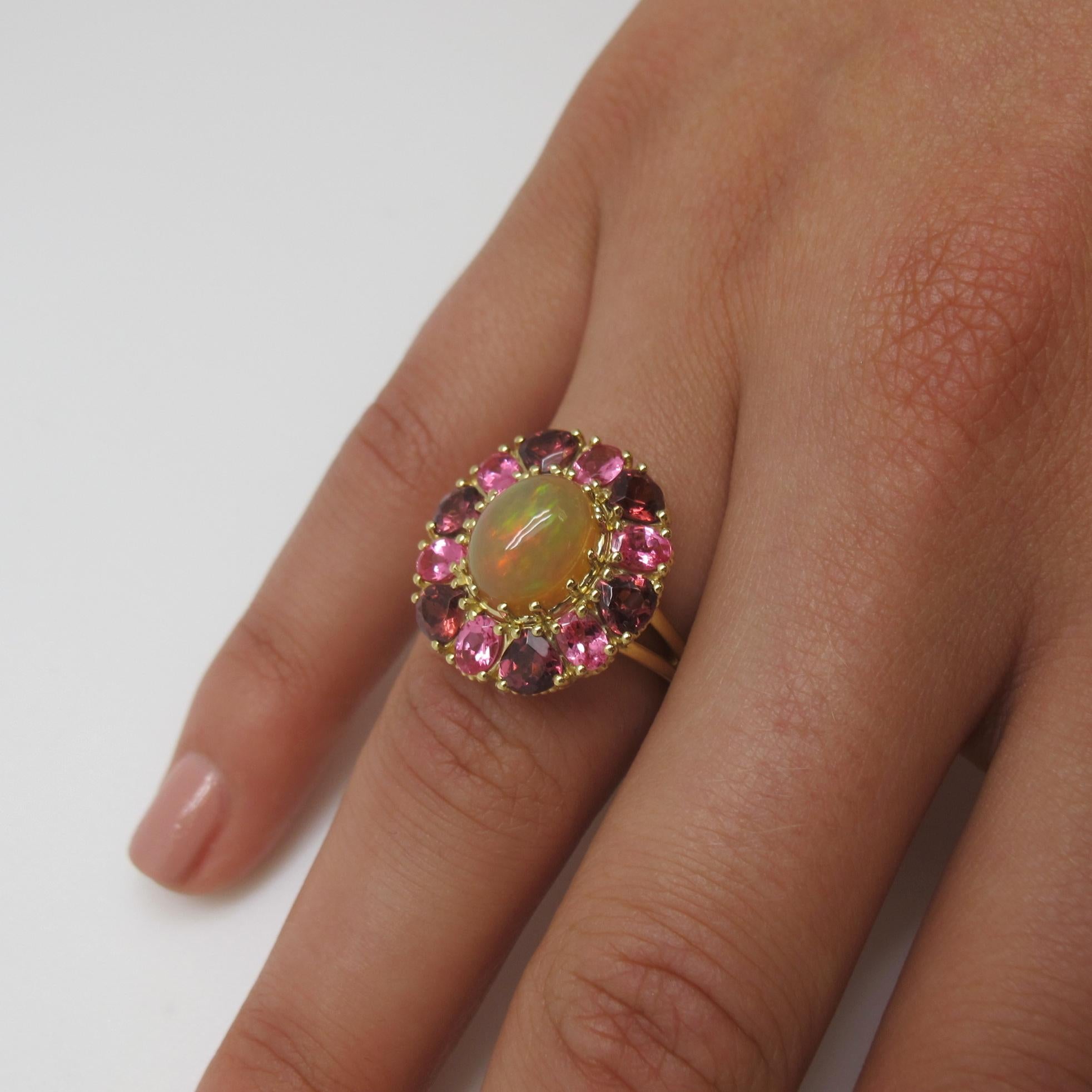 Artisan 1.97 Carat Opal, Pink Spinel and Rose Garnet 18k Yellow Gold Halo Cocktail Ring