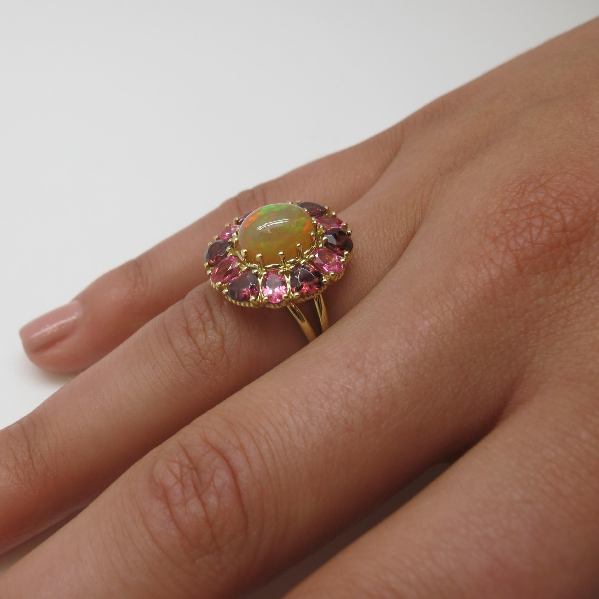 Brilliant Cut 1.97 Carat Opal, Pink Spinel and Rose Garnet 18k Yellow Gold Halo Cocktail Ring