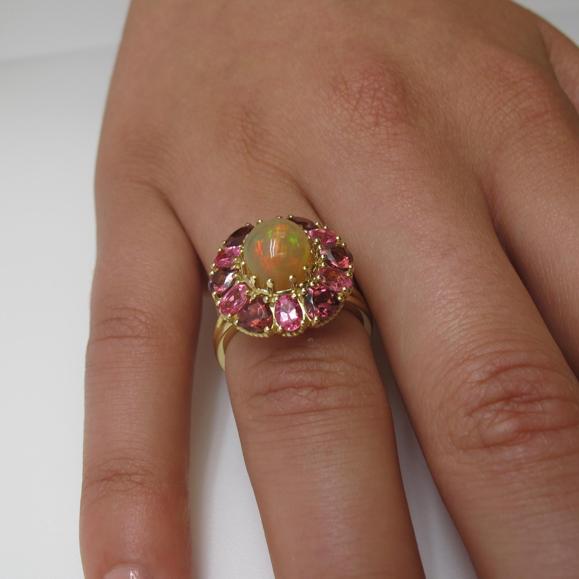 1.97 Carat Opal, Pink Spinel and Rose Garnet 18k Yellow Gold Halo Cocktail Ring In New Condition In Los Angeles, CA