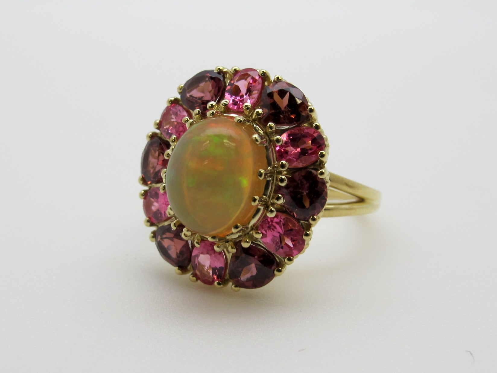 Women's 1.97 Carat Opal, Pink Spinel and Rose Garnet 18k Yellow Gold Halo Cocktail Ring