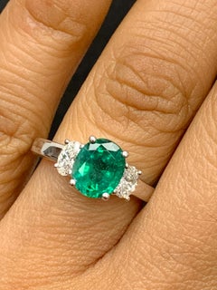 1.97 Carat Oval Cut Emerald & Diamond 3 Stone Engagement Ring in 18k White Gold
