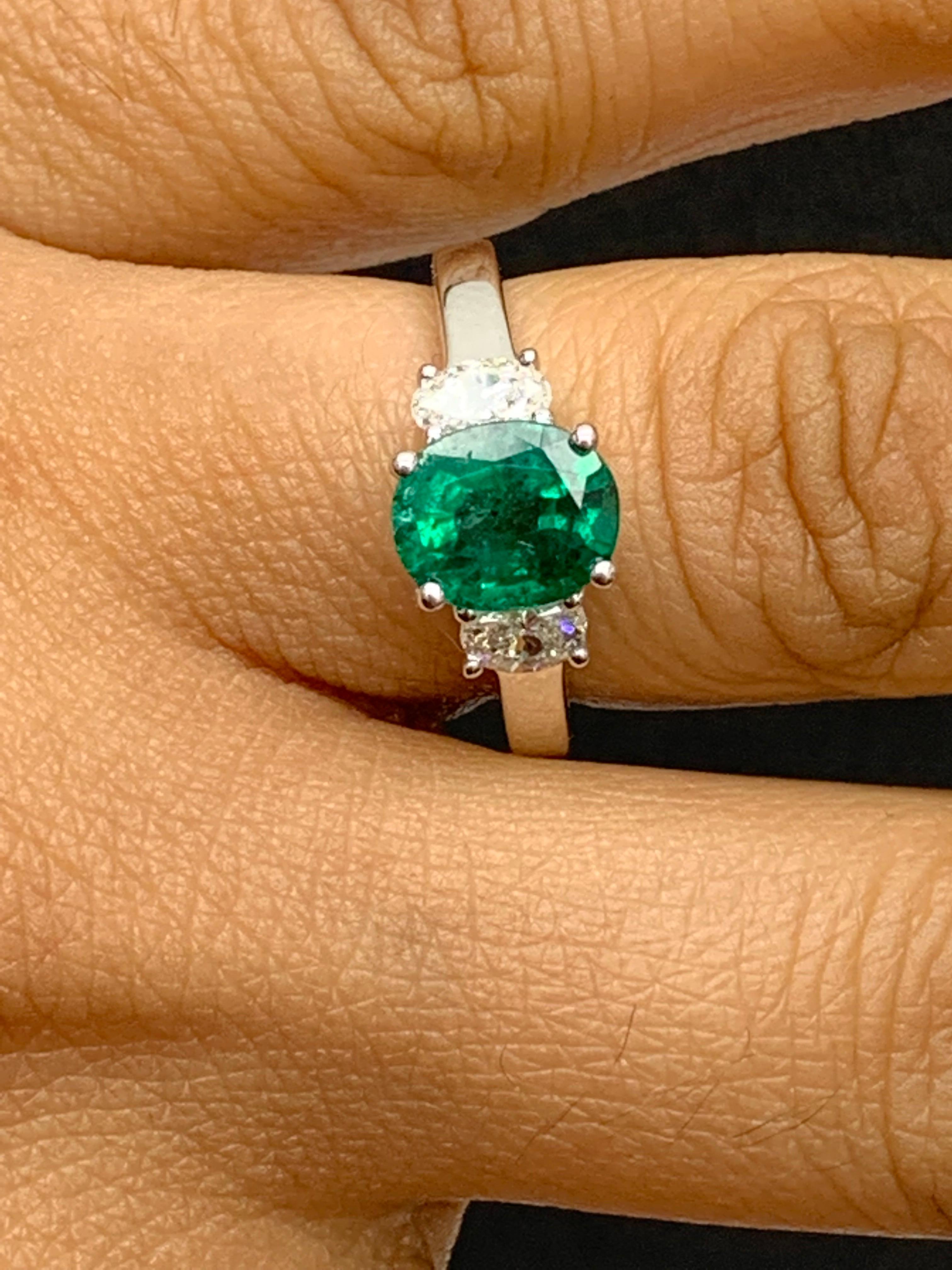 1.97 Carat Oval Cut Emerald & Diamond 3 Stone Engagement Ring in 18k White Gold In New Condition For Sale In NEW YORK, NY