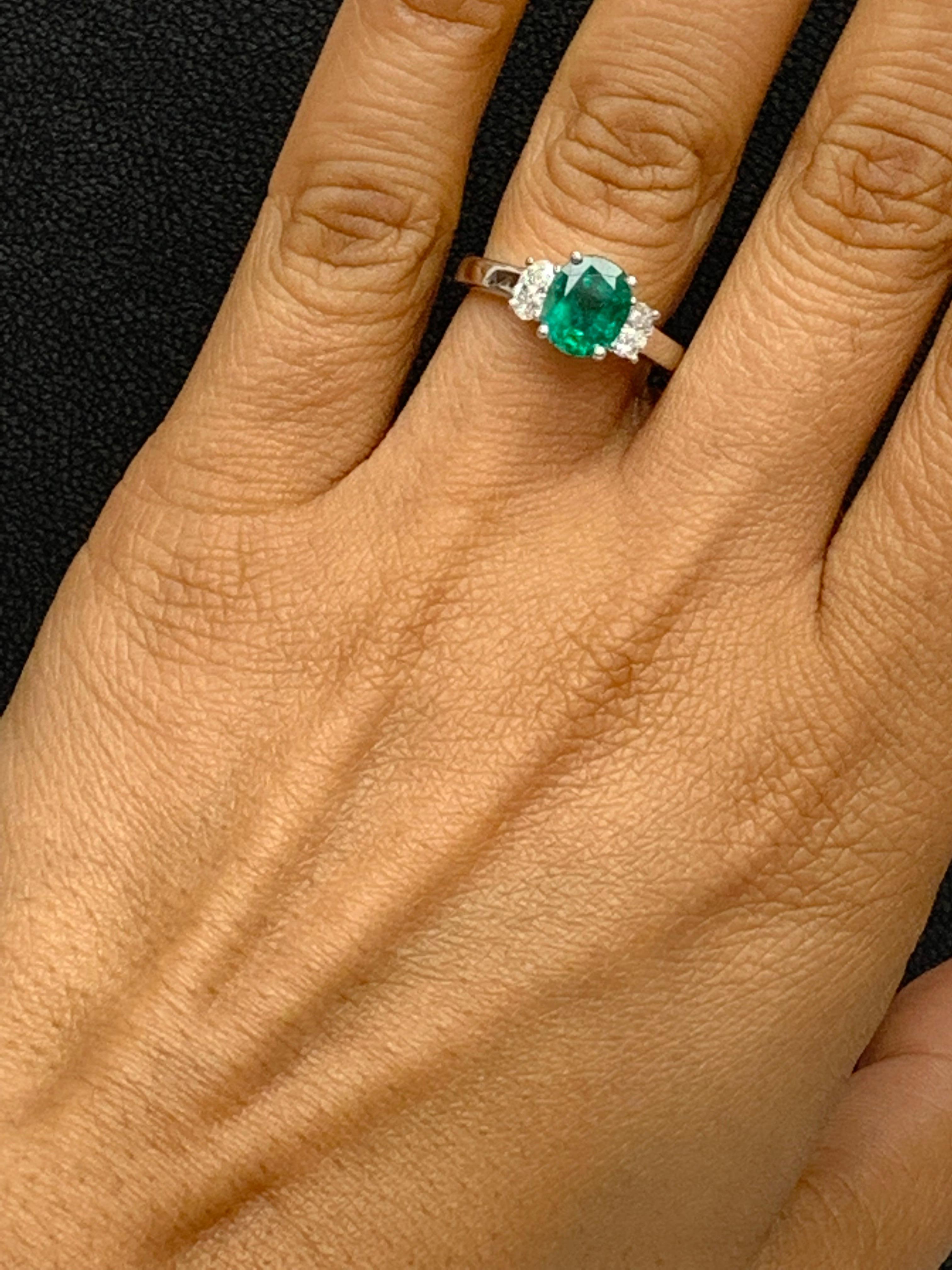 Women's 1.97 Carat Oval Cut Emerald & Diamond 3 Stone Engagement Ring in 18k White Gold For Sale