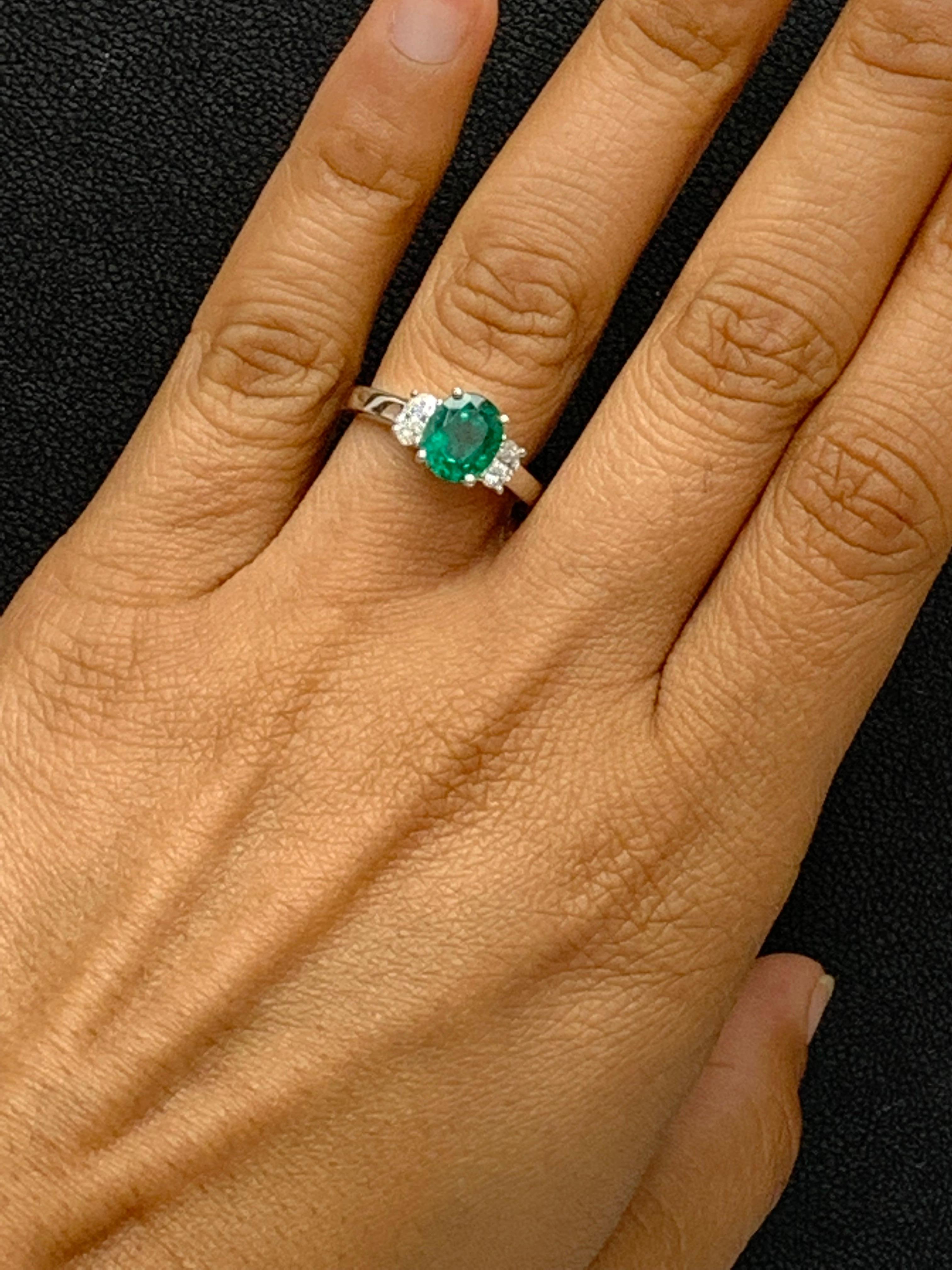 1.97 Carat Oval Cut Emerald & Diamond 3 Stone Engagement Ring in 18k White Gold For Sale 1