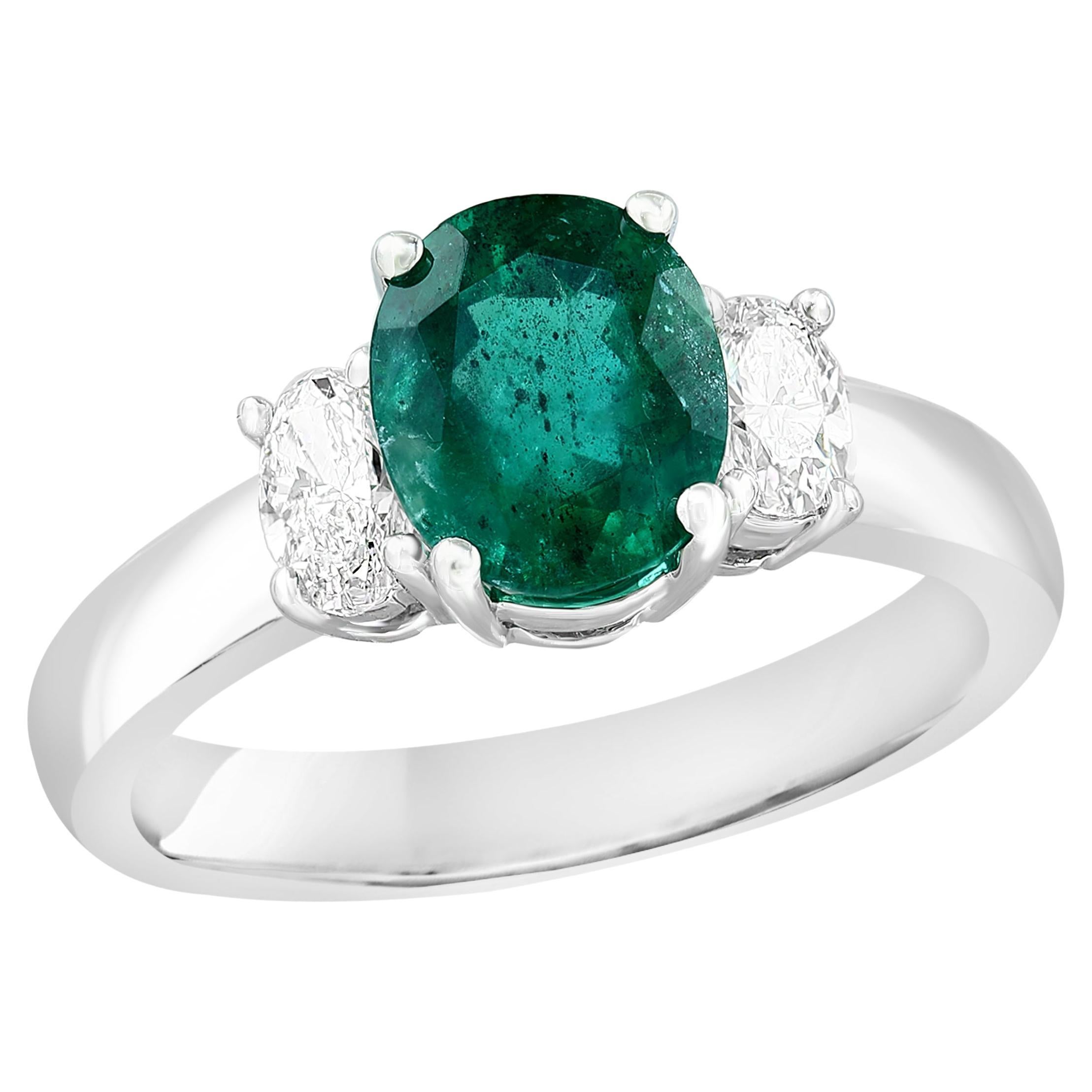 1.97 Carat Oval Cut Emerald & Diamond 3 Stone Engagement Ring in 18k White Gold For Sale