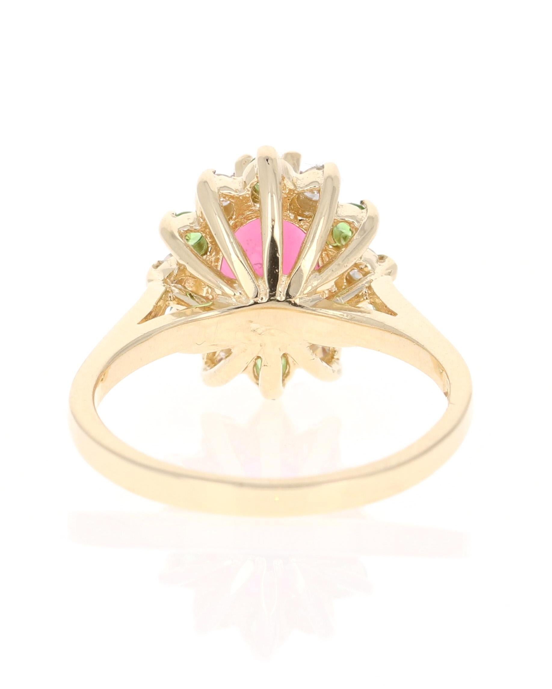 Oval Cut 1.97 Carat Pink Tourmaline Tsavorite Diamond 14 Karat Yellow Gold Ring For Sale