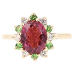 1,97 Karat Rosa Turmalin Tsavorit Diamant 14 Karat Gelbgold Ring