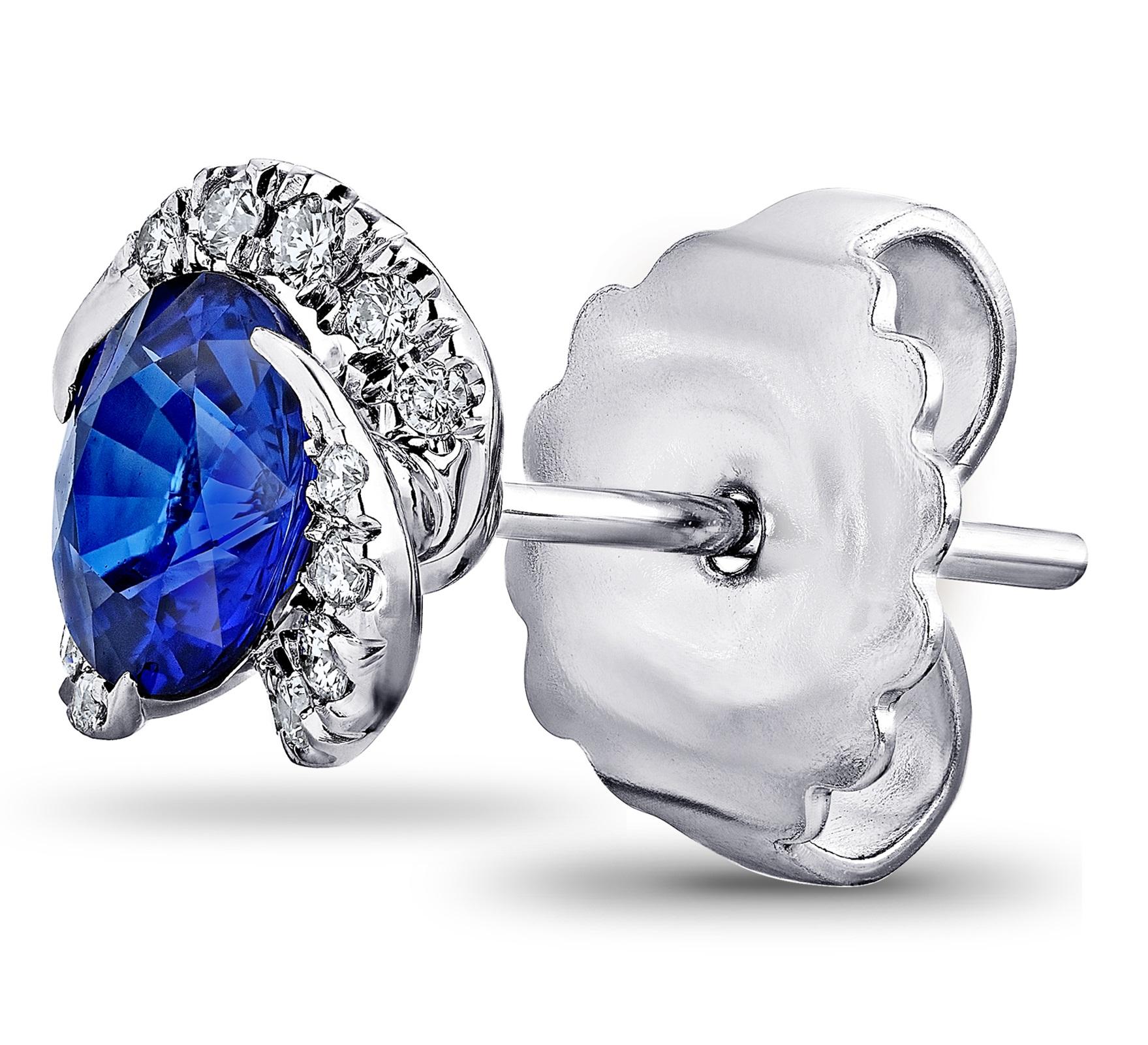 Round Cut 1.97 Carat Round Blue Sapphire and Diamond Halo Platinum Drop Earrings
