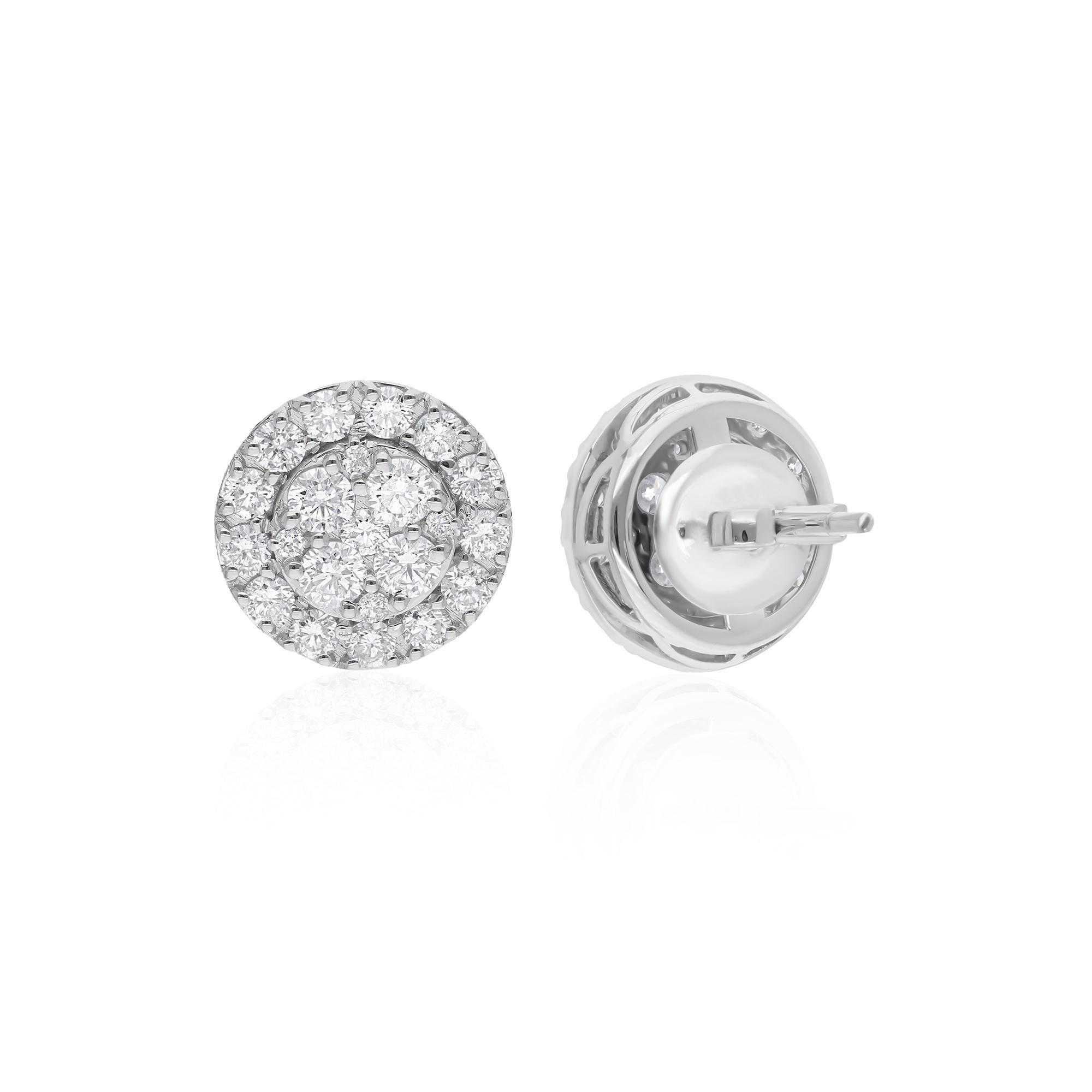 Round Cut 1.97 Carat SI Clarity HI Color Round Diamond Stud Earrings 14 Karat White Gold For Sale