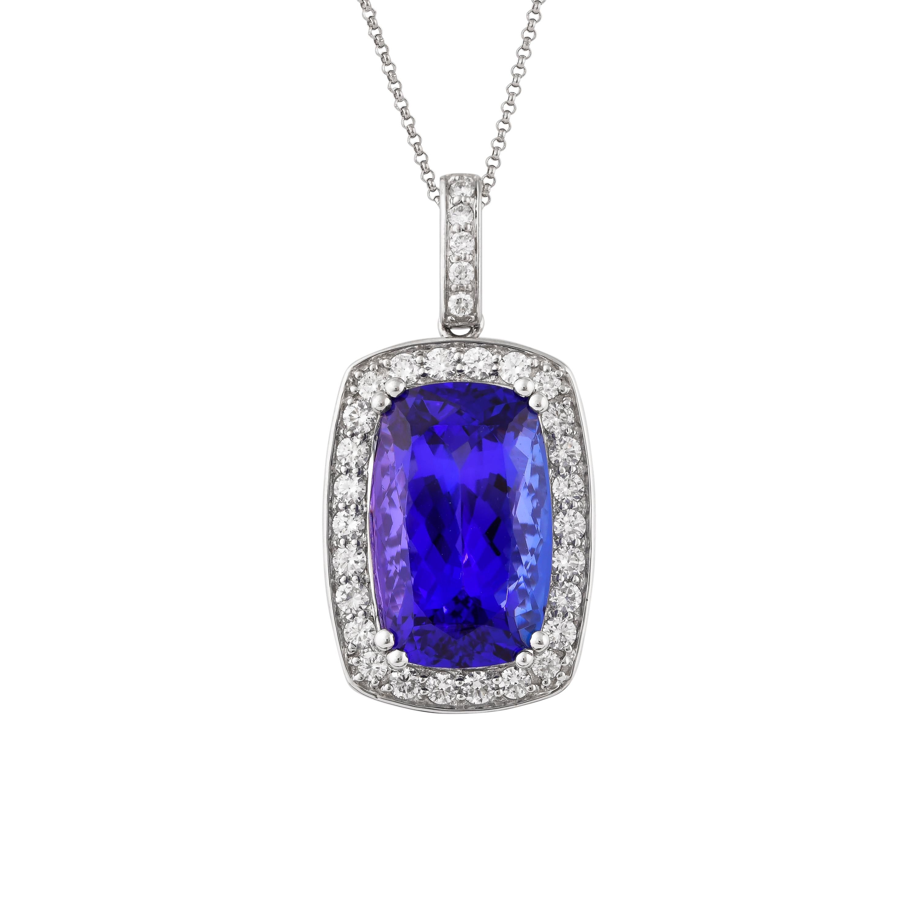 Cushion Cut Sunita Nahata Tanzanite 19.70ct. Pendant in 18KWG with White Diamond. For Sale