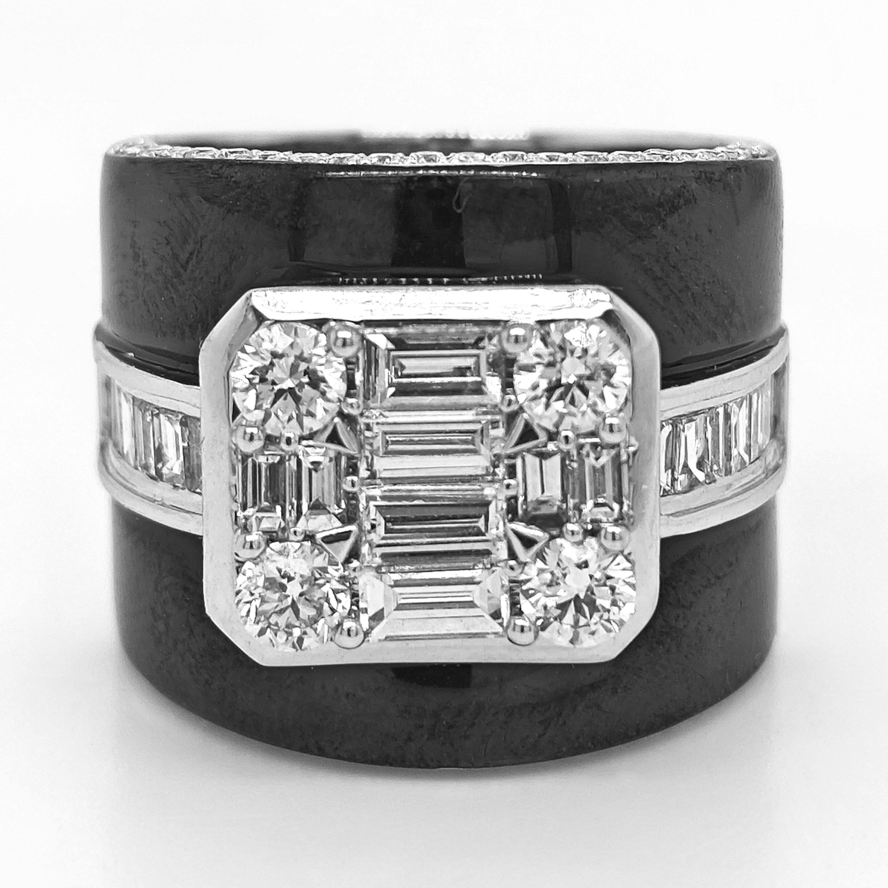 Mixed Cut 1.97 Carat White Diamond White Gold Onyx Ring For Sale