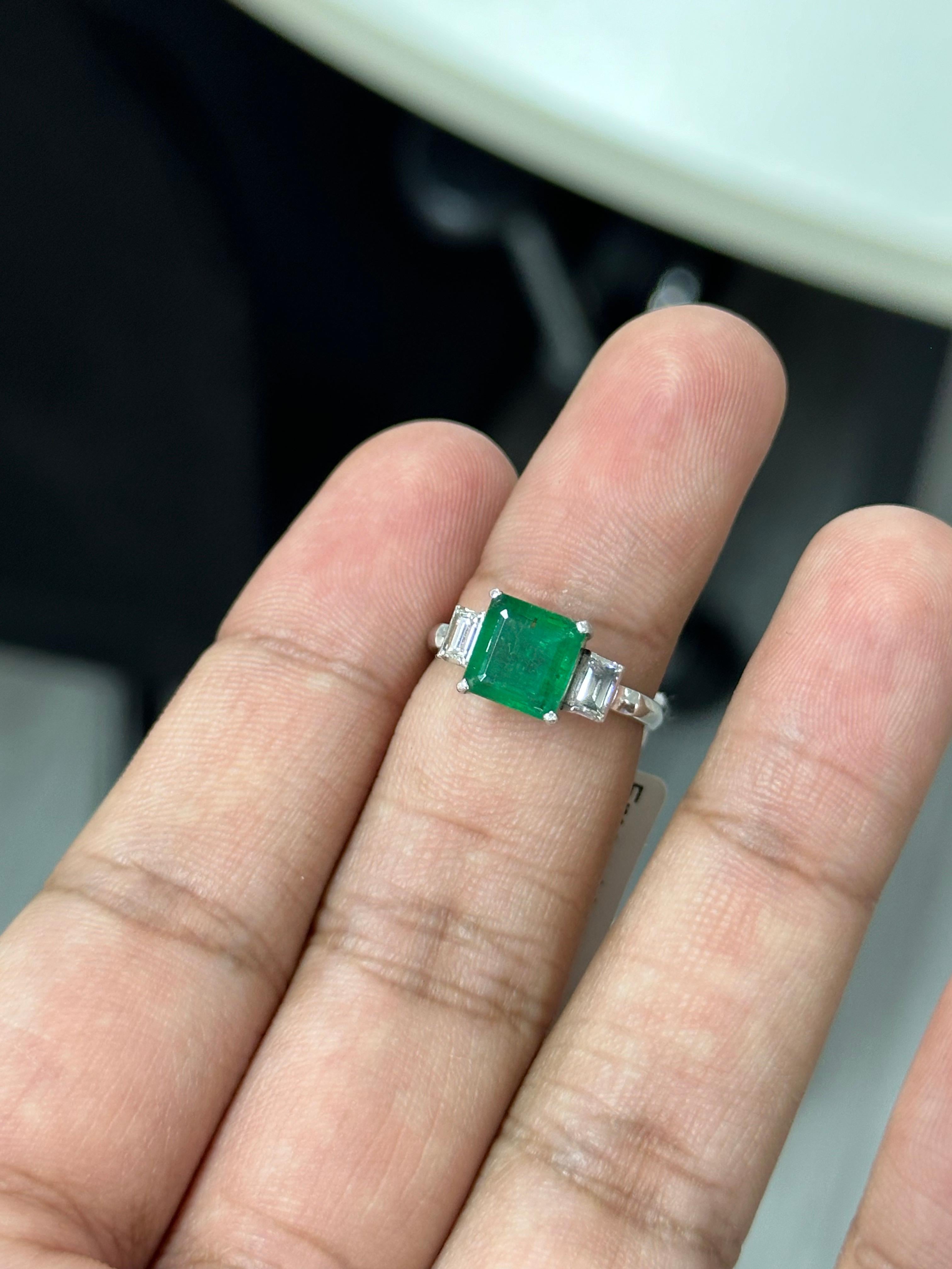 Square Cut 1.97 Carat Zambian Emerald & Diamond Three-stone Ring in Platinum 900 For Sale