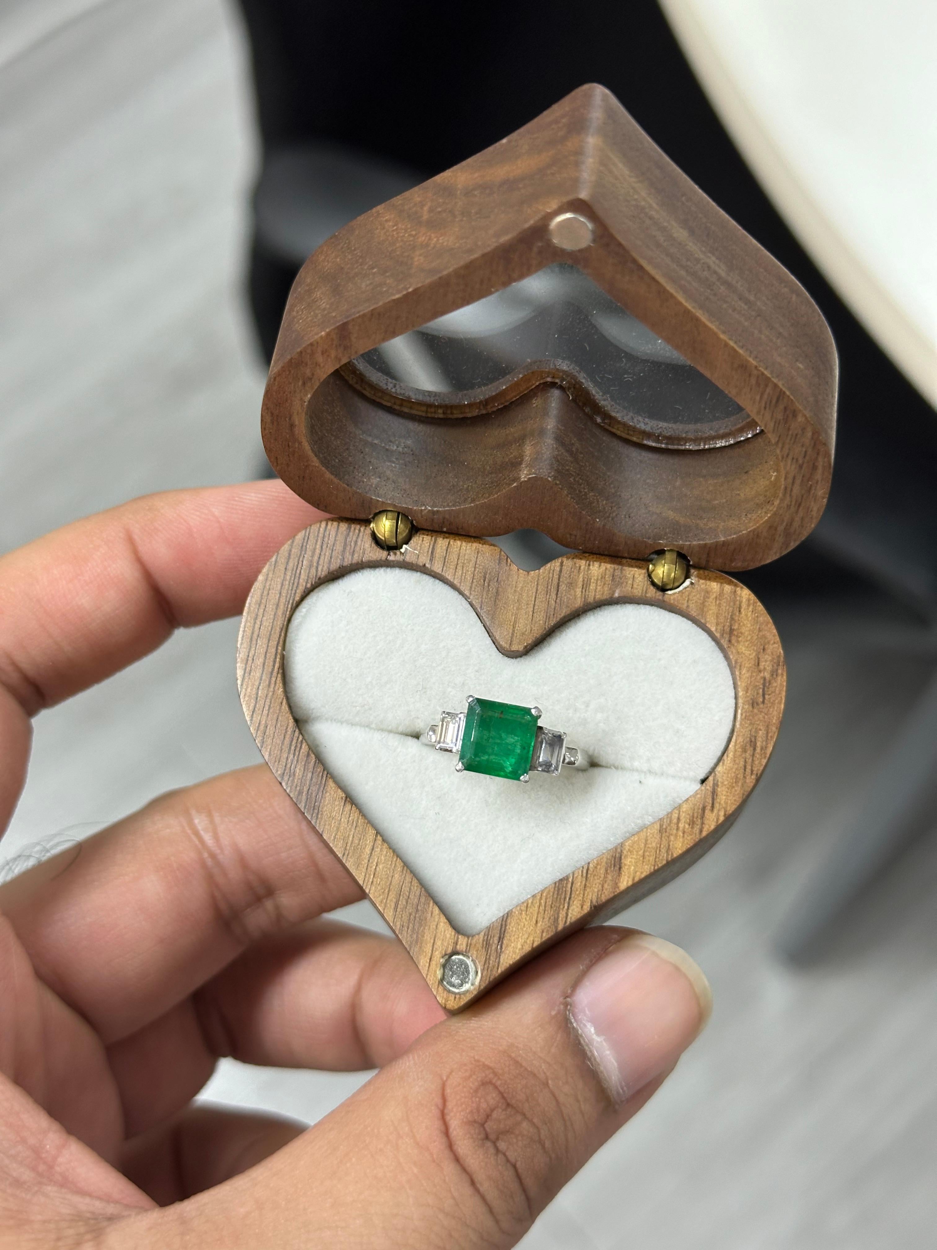 1.97 Carat Zambian Emerald & Diamond Three-stone Ring in Platinum 900 For Sale 2