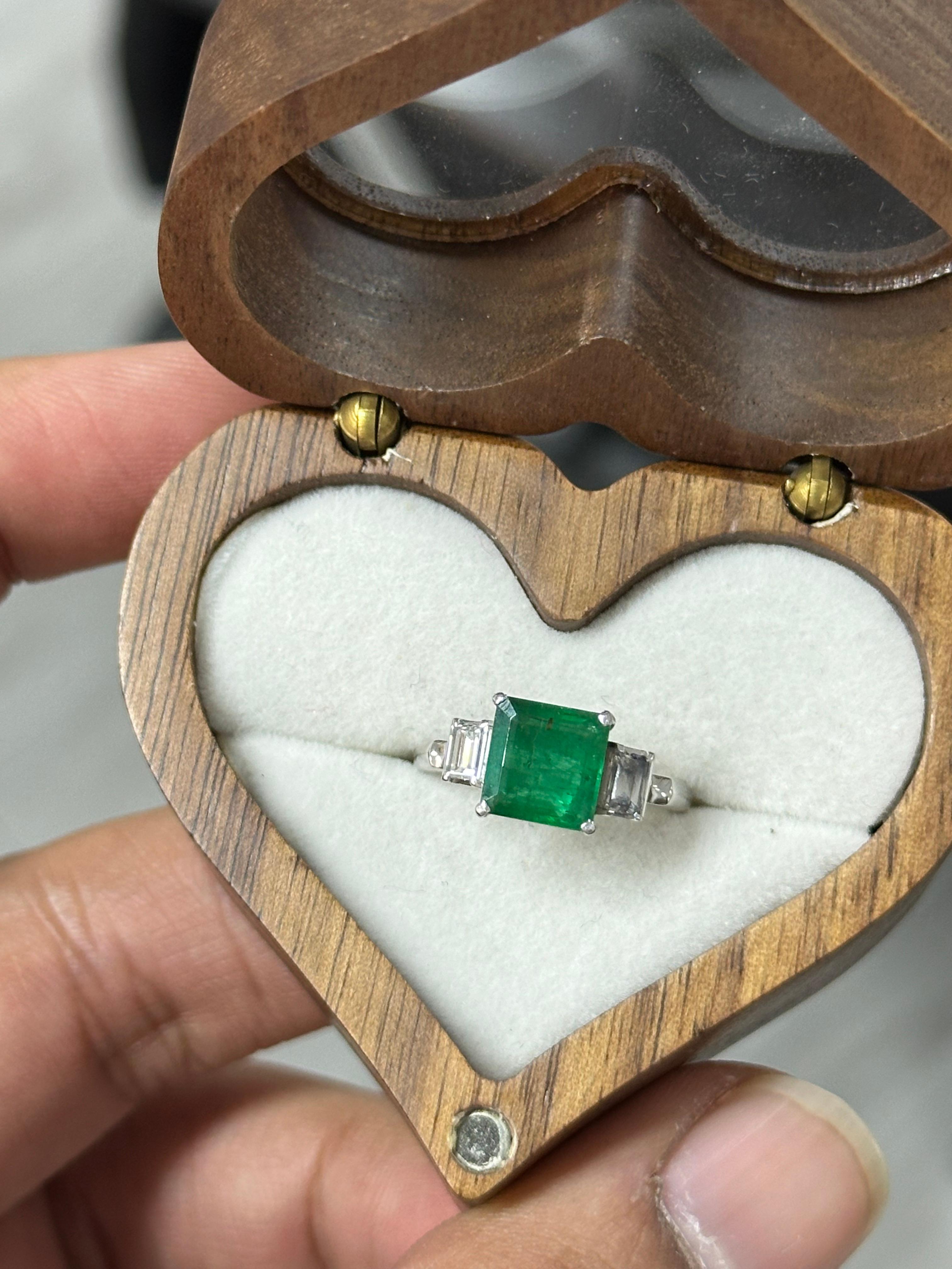 1.97 Carat Zambian Emerald & Diamond Three-stone Ring in Platinum 900 For Sale 3