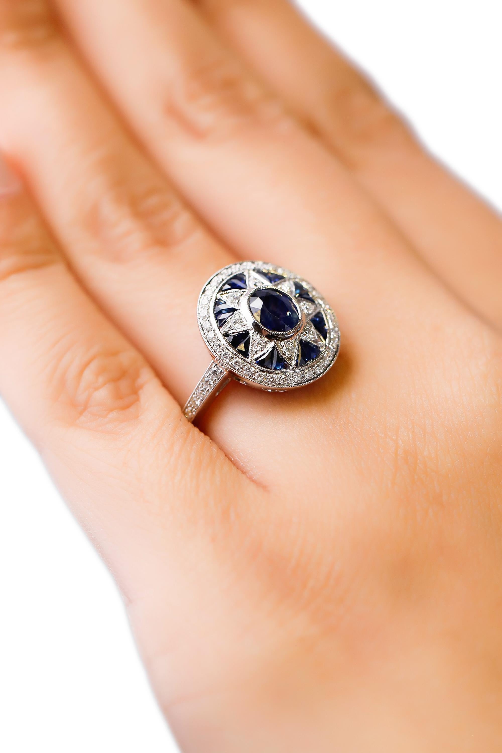 Women's Art Deco Inspired New 1.97 Carat Sapphire 0.32 Carat Diamond 18K White Gold Ring