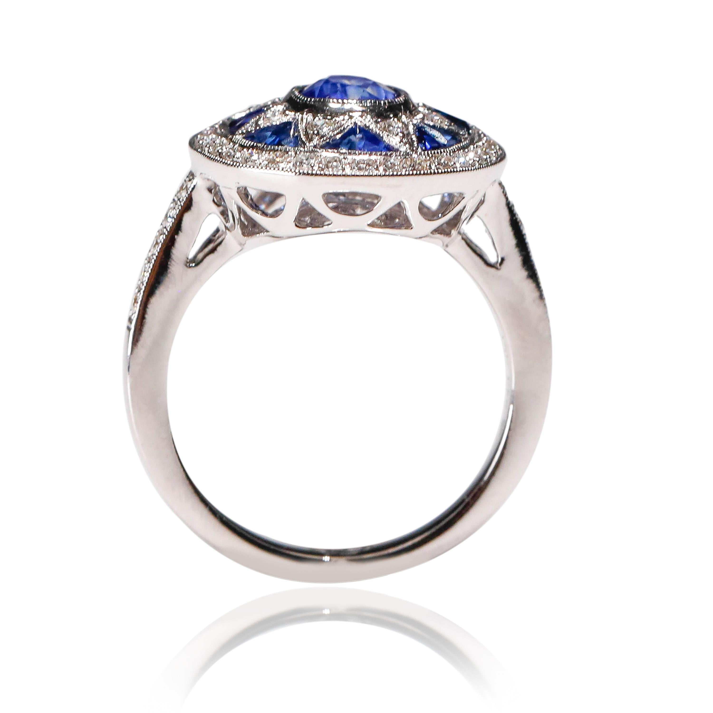 Art Deco Inspired New 1.97 Carat Sapphire 0.32 Carat Diamond 18K White Gold Ring 1