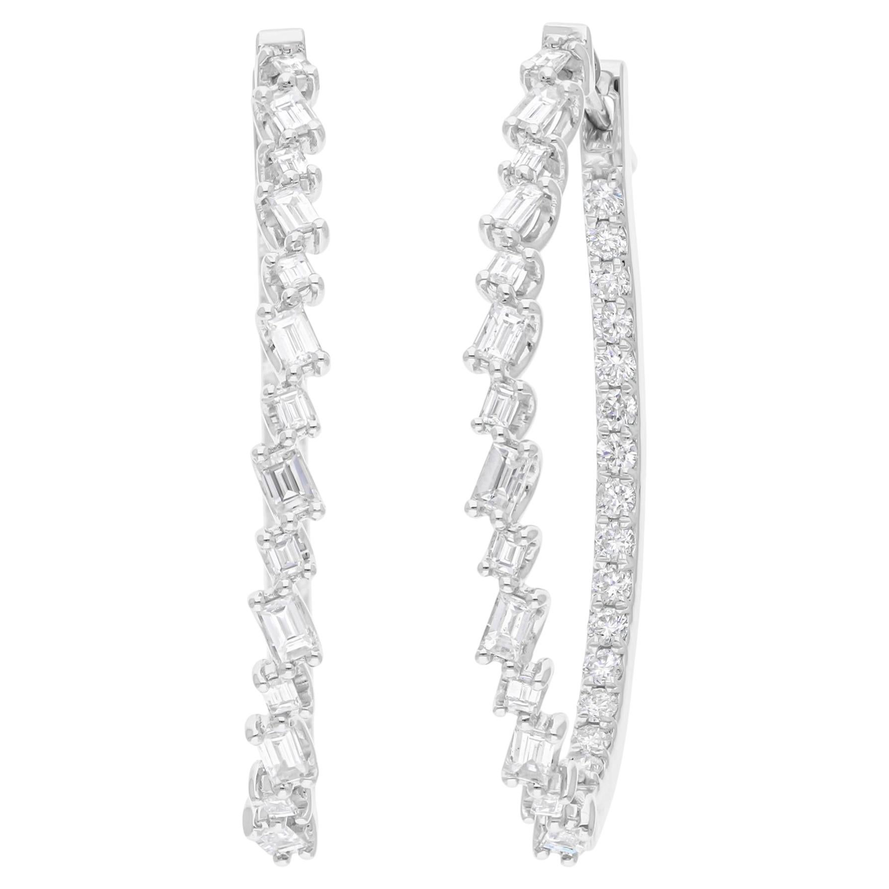 1.97 Ct SI/H Emerald Cut Diamond Inside Out Hoop Earrings 18 Karat White Gold