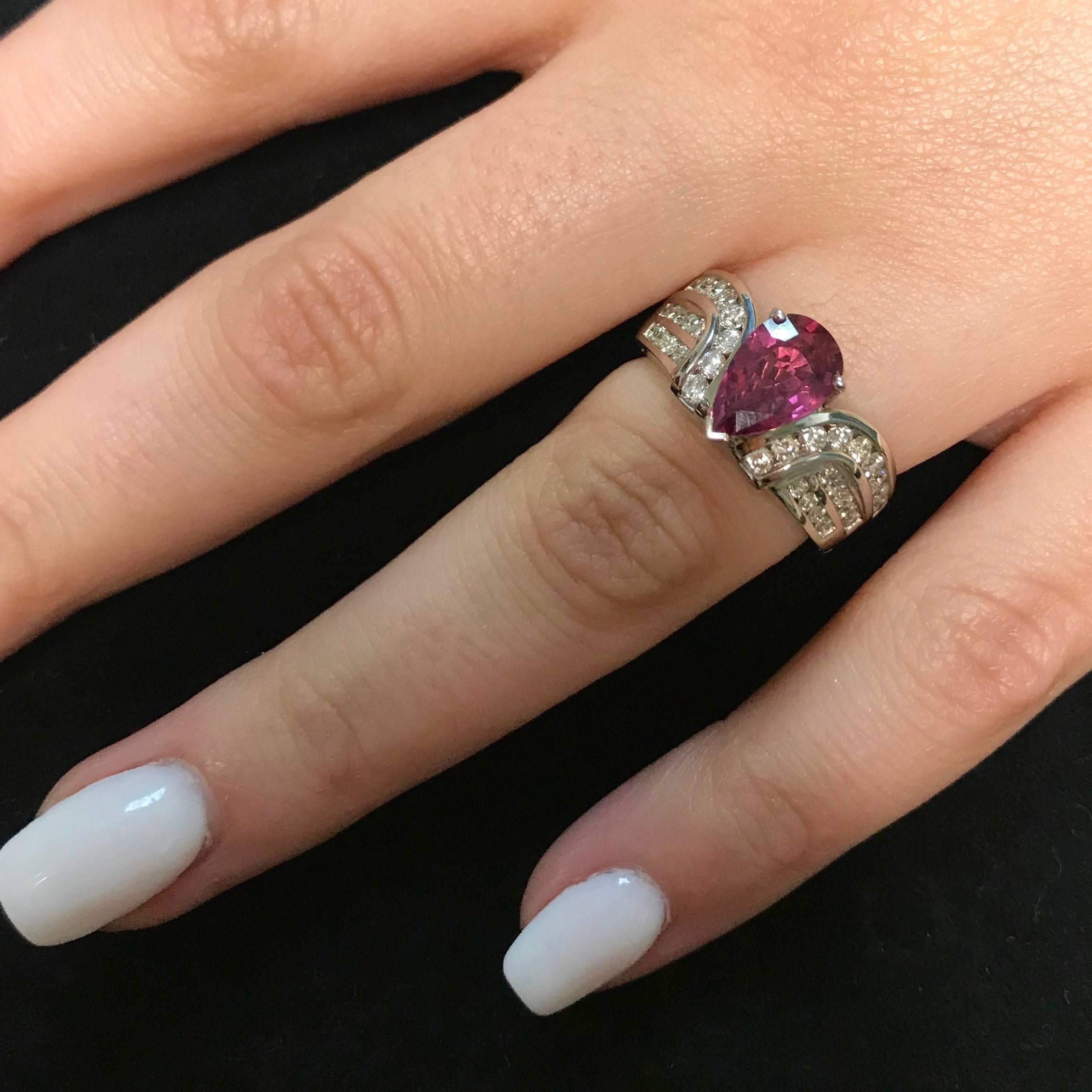 Oval Cut 1.97 Carat Pear Shaped Pink Ruby and 0.90 Carat Diamond Ring 14K White Gold