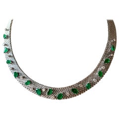 1970 18 Karat White Gold Vintage Emerald and Diamond Necklace