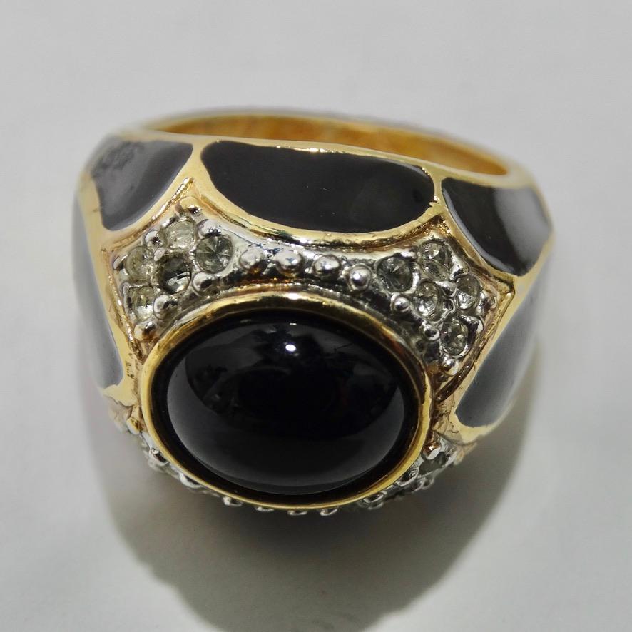 Women's or Men's 1970 18K Gold Plated Black Enamel Ring For Sale