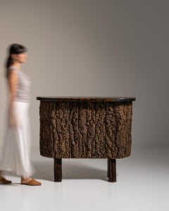 1970-1979 France Weathered Dark Bark Brown Live-Edge Bark-Clad Side Table