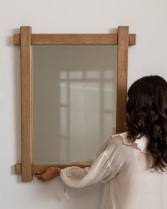 1970-1979 France Weathered Honey Oak Carved Oak Window-Pane Mirror