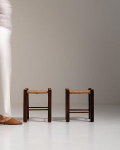 1970-1979 France Weathered Honey Oak Pair Of Rush-Seated Stools