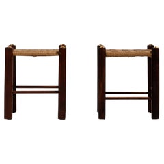 1970-1979 France Weathered Honey Oak Pair Of Rush-Seated Stools