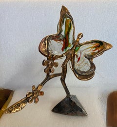 1970/80 Butterfly In Bronze And Glass Paste, Sculpture Signed LOHE