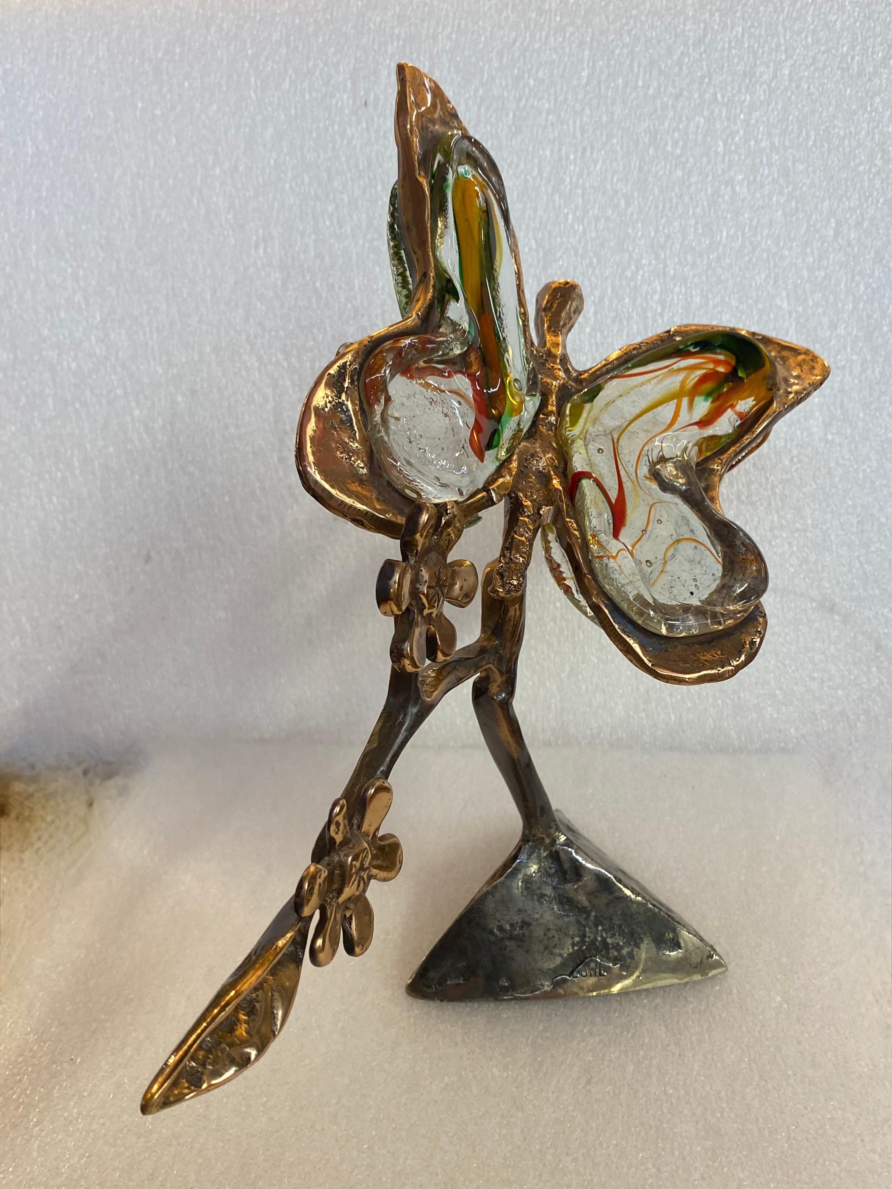 Brutalist 1970/80 Butterfly In Bronze And Glass Paste, Sculpture Signed LOHE For Sale