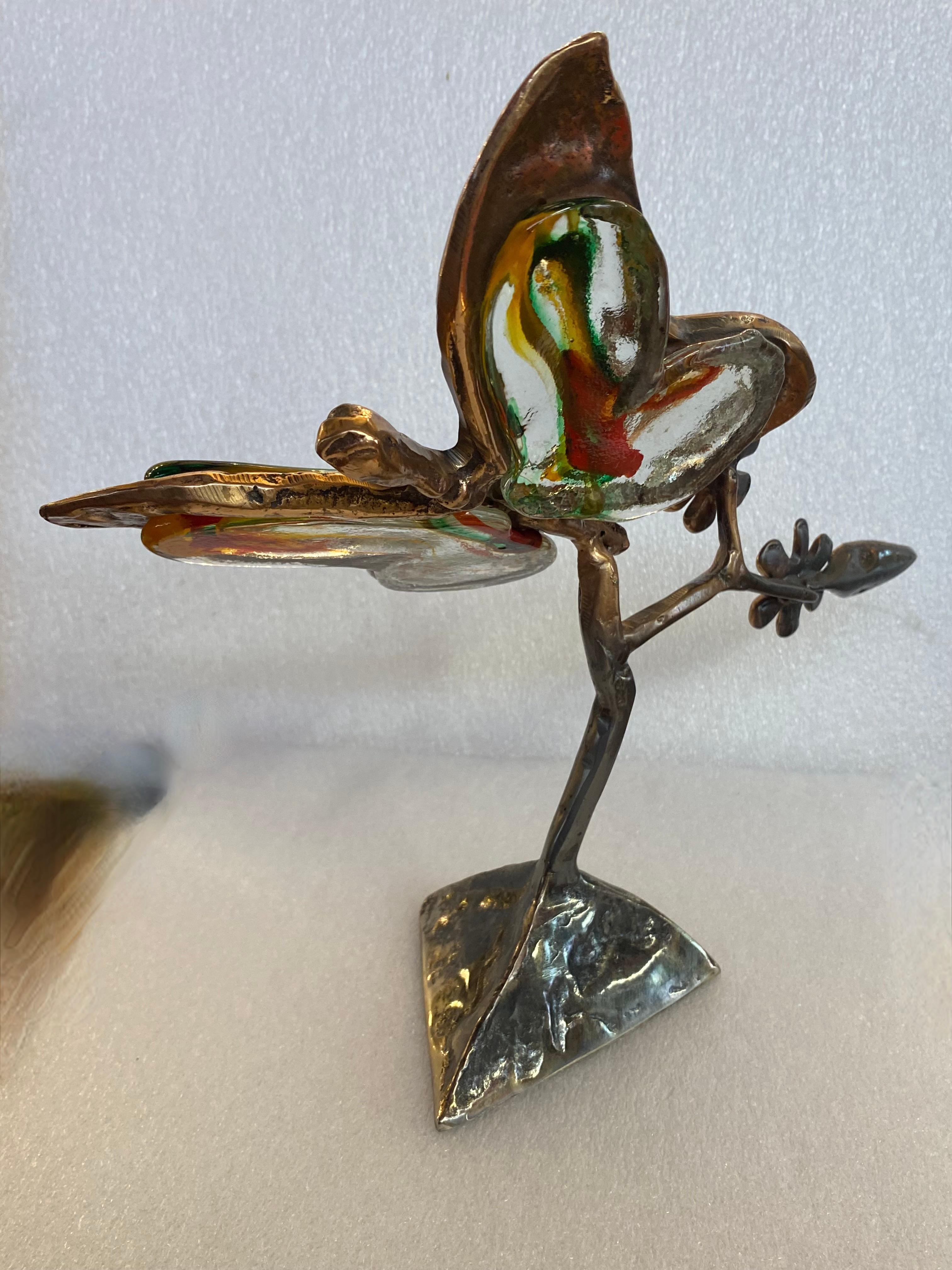 French 1970/80 Butterfly In Bronze And Glass Paste, Sculpture Signed LOHE For Sale