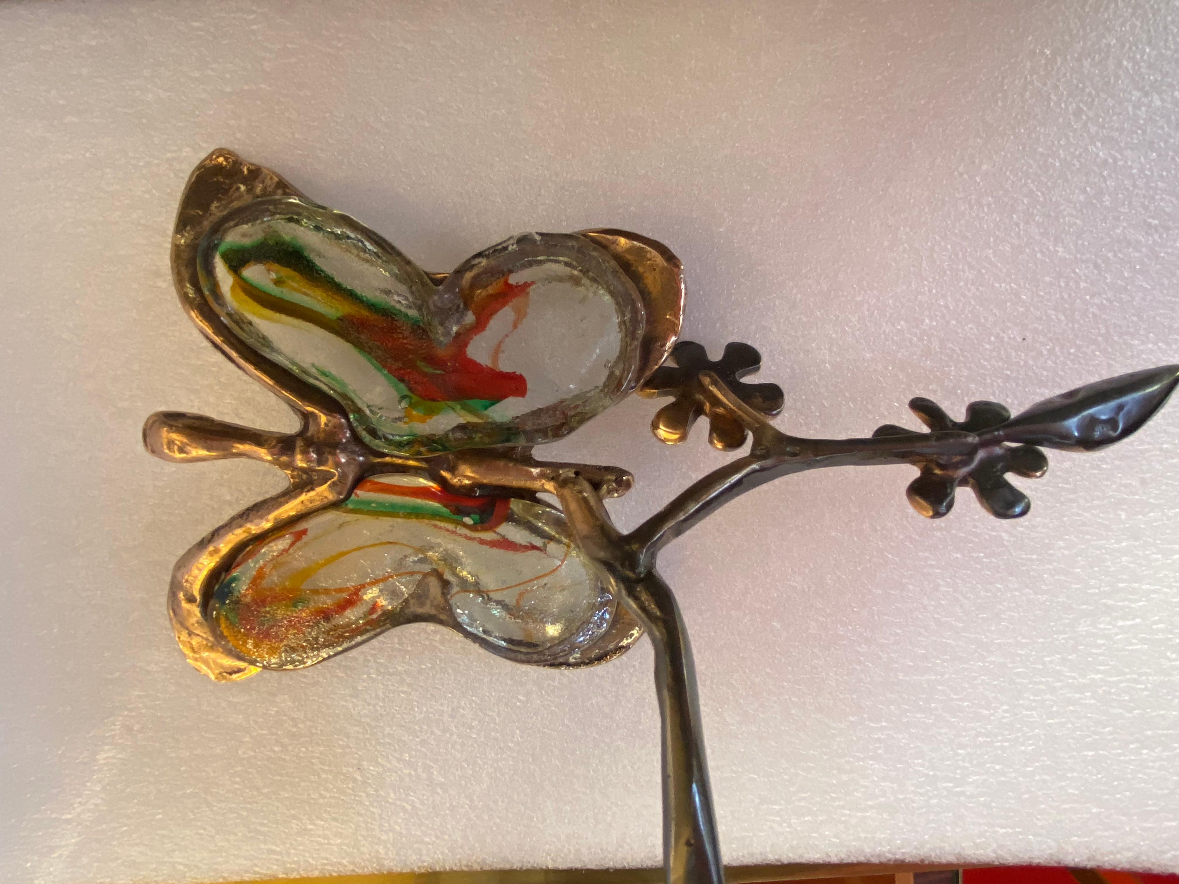 1970/80 Butterfly In Bronze And Glass Paste, Sculpture Signed LOHE In Good Condition For Sale In Paris, FR