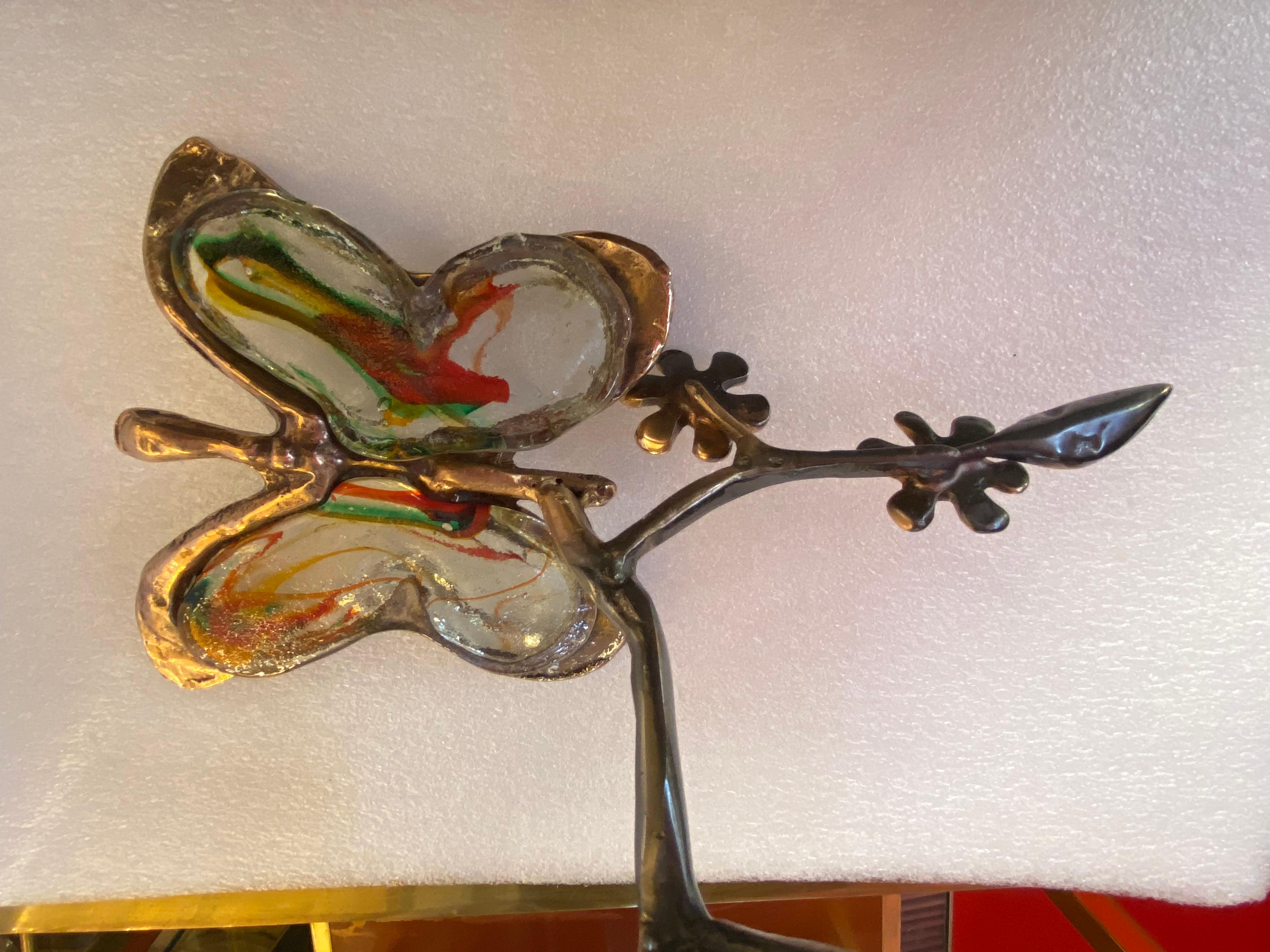 Late 20th Century 1970/80 Butterfly In Bronze And Glass Paste, Sculpture Signed LOHE For Sale