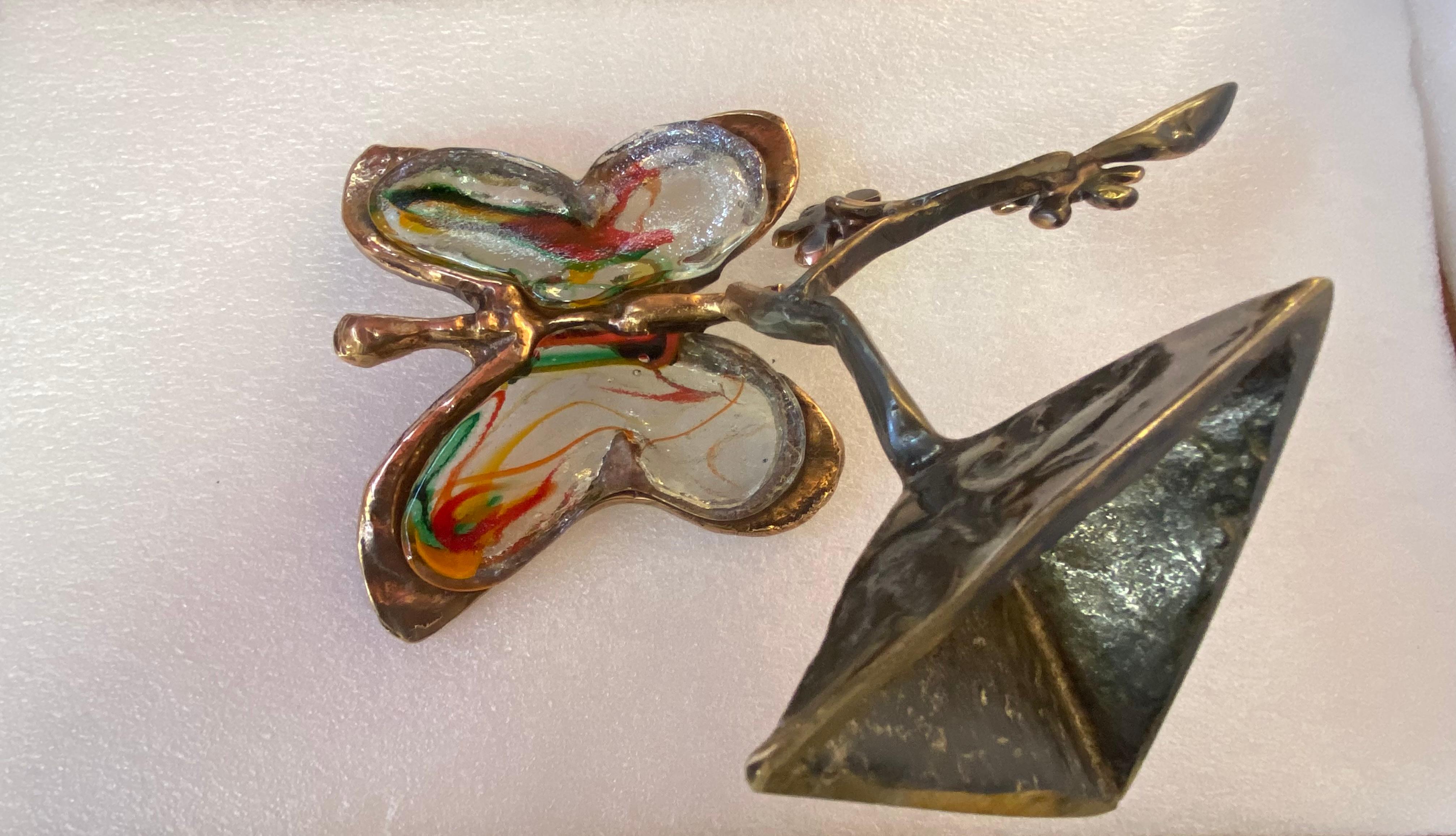 1970/80 Butterfly In Bronze And Glass Paste, Sculpture Signed LOHE For Sale 1