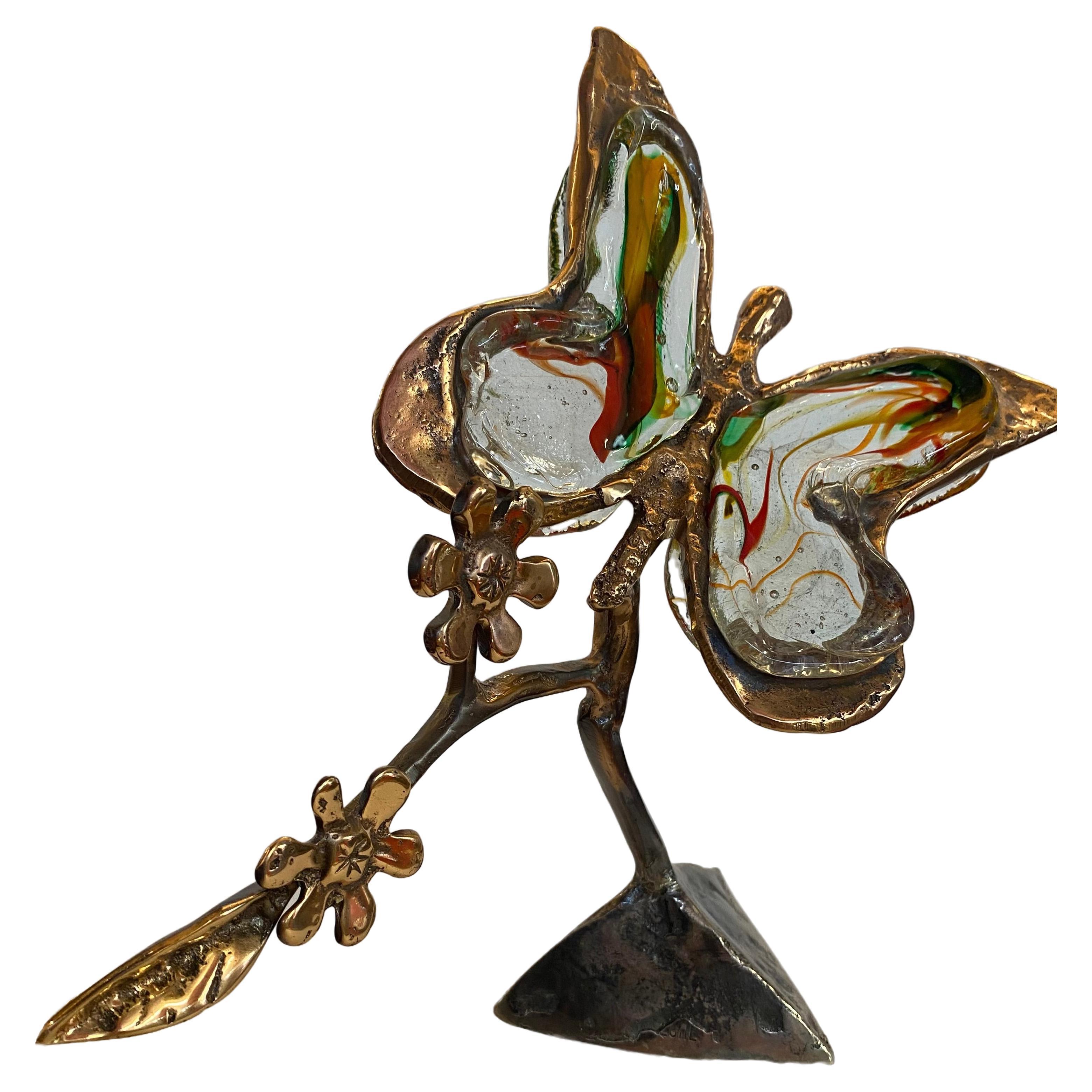 1970/80 Butterfly In Bronze And Glass Paste, Sculpture Signed LOHE For Sale