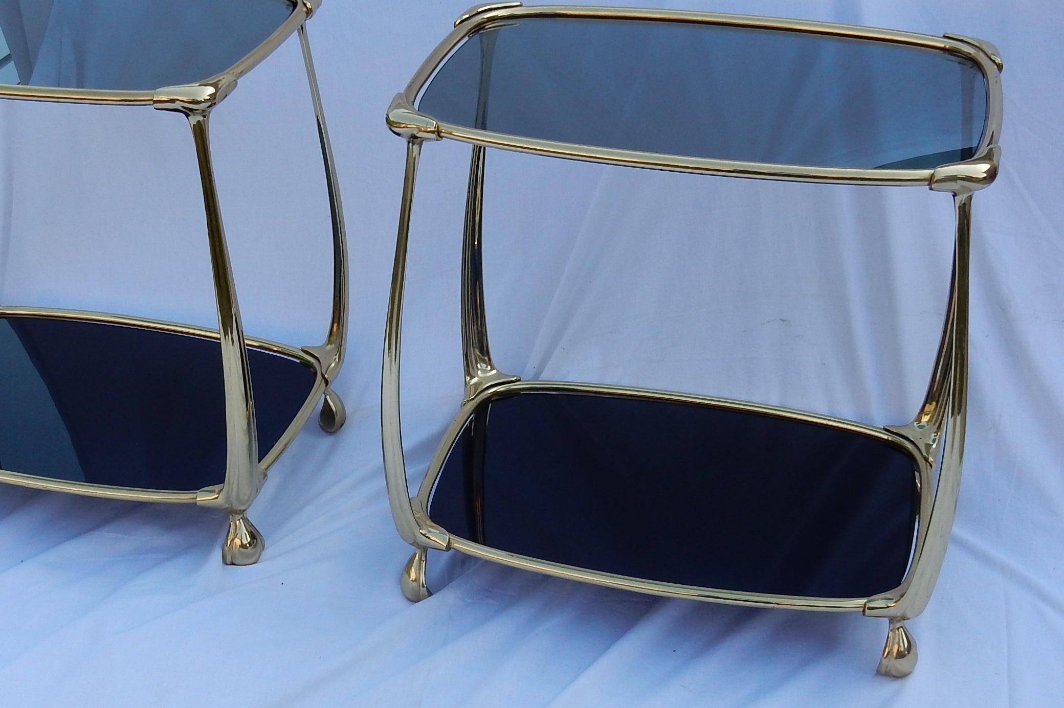 French 1970-1980 Pair of Gilt Bronze Tables with 2 Levels in the Style of Art Nouveau  For Sale