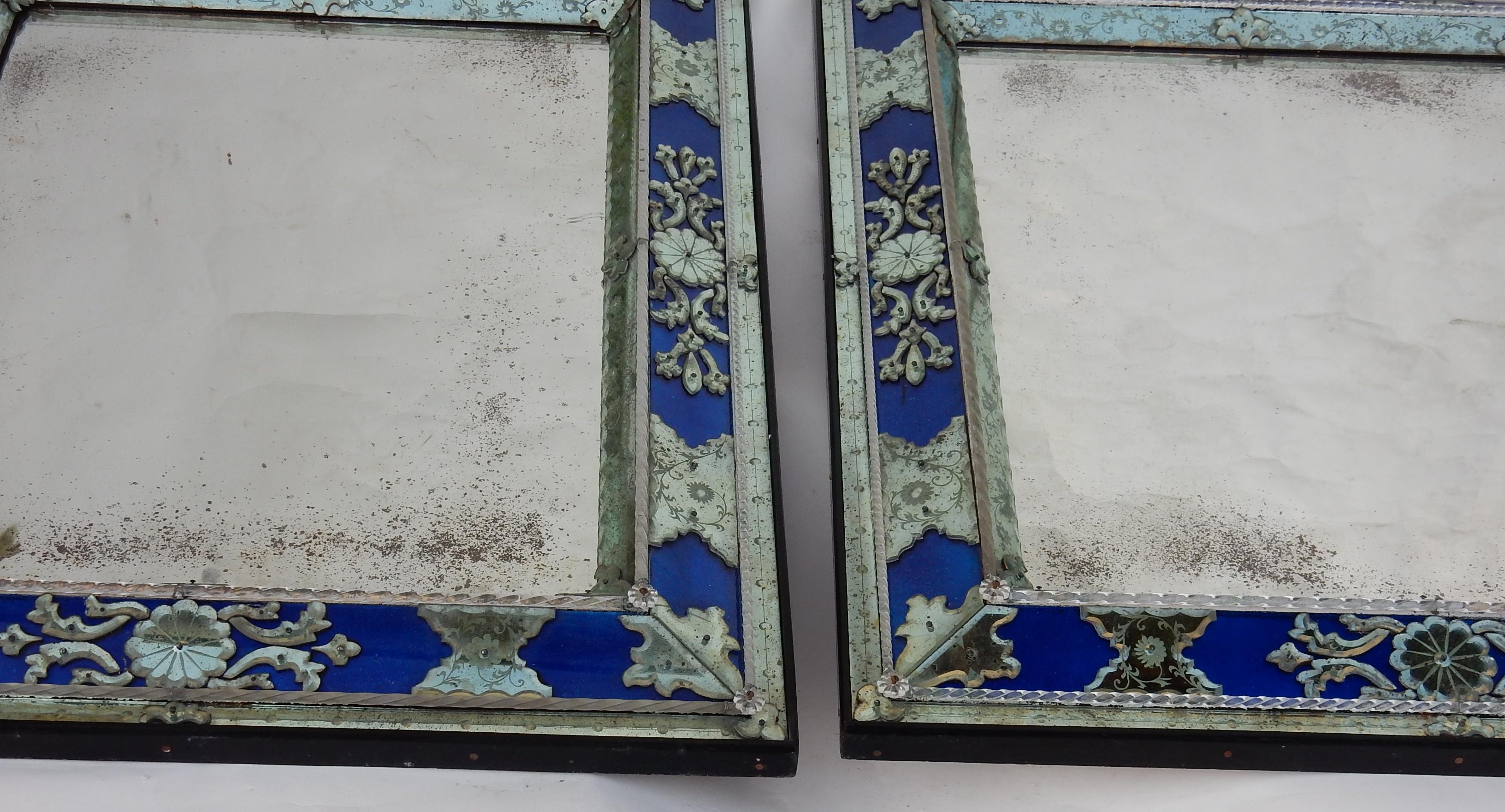 1970-1980 Pair of Louis XIV Style Venice Mirrors with Blue Glass Ornaments For Sale 9